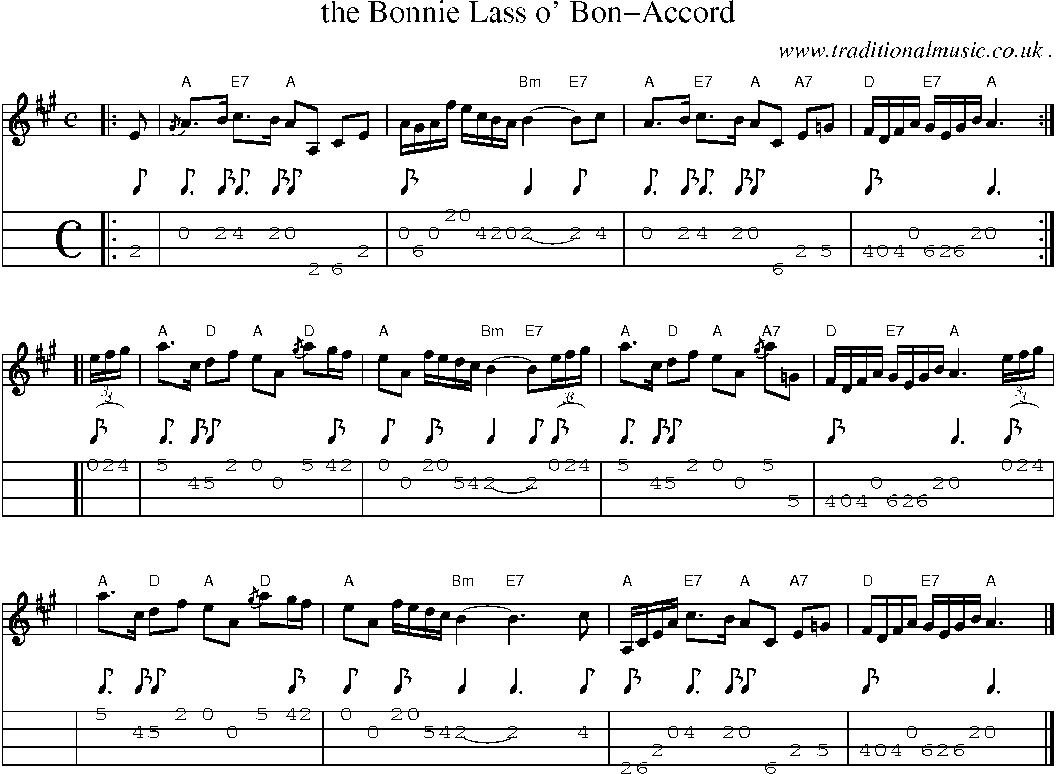 Sheet-music  score, Chords and Mandolin Tabs for The Bonnie Lass O Bon-accord