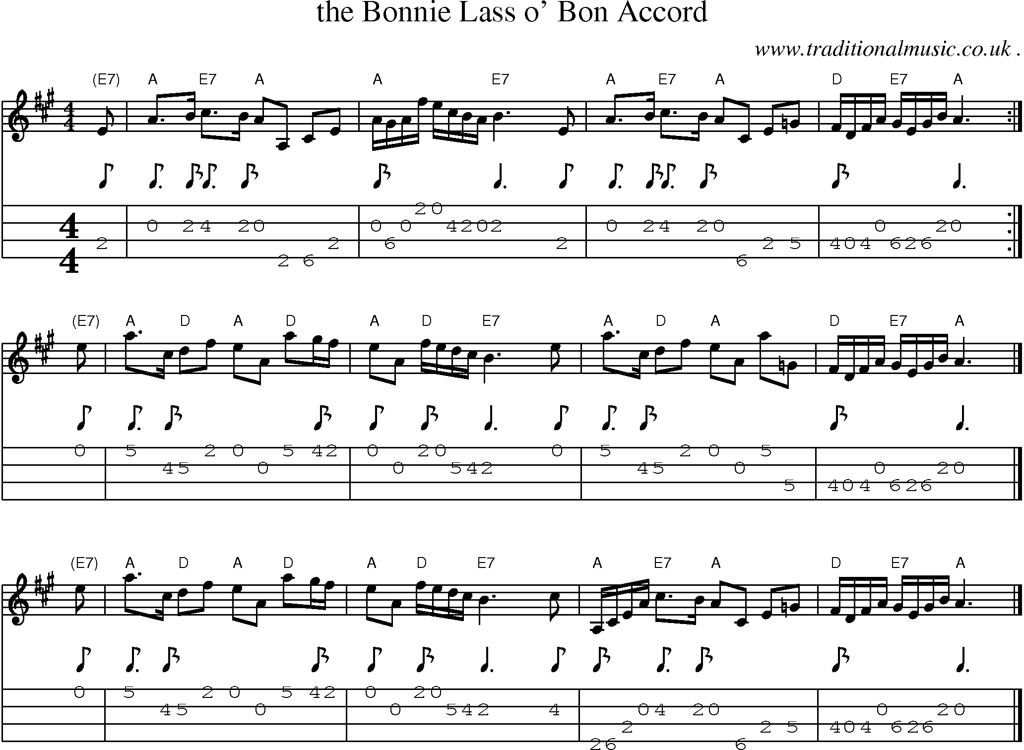 Sheet-music  score, Chords and Mandolin Tabs for The Bonnie Lass O Bon Accord