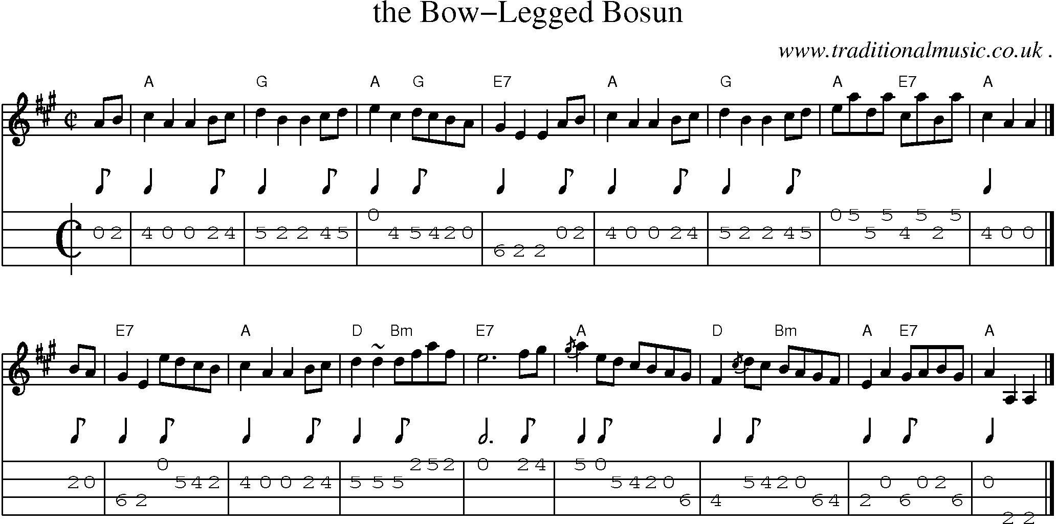 Sheet-music  score, Chords and Mandolin Tabs for The Bow-legged Bosun