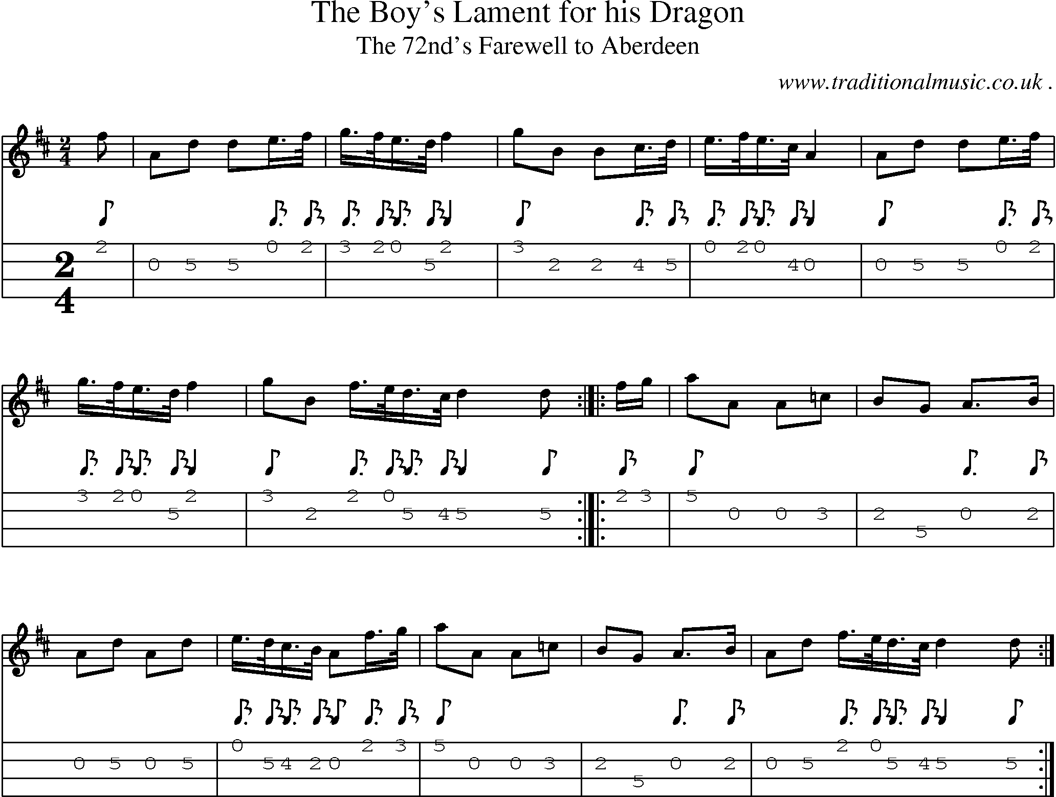 Sheet-music  score, Chords and Mandolin Tabs for The Boys Lament For His Dragon
