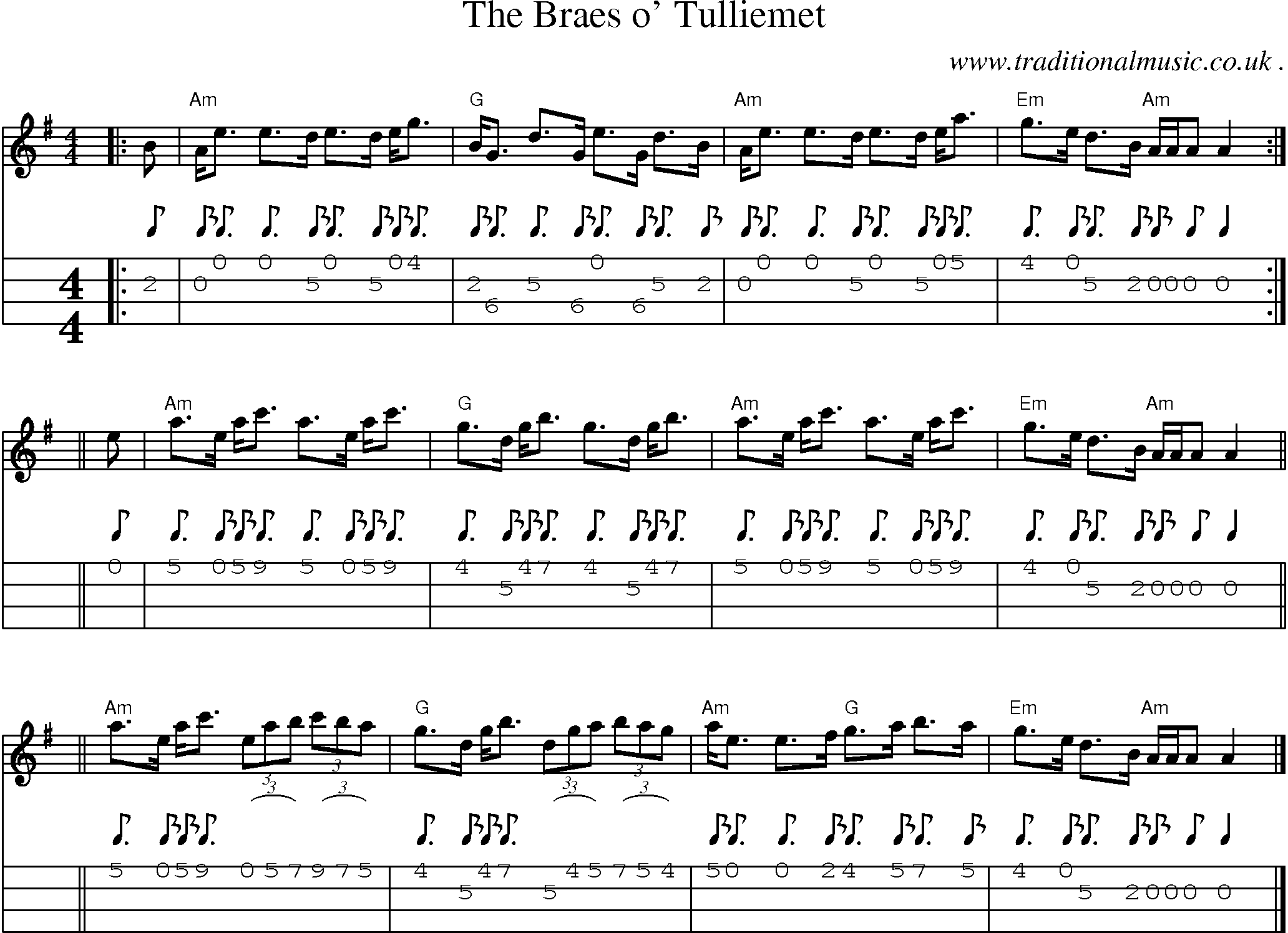 Sheet-music  score, Chords and Mandolin Tabs for The Braes O Tulliemet
