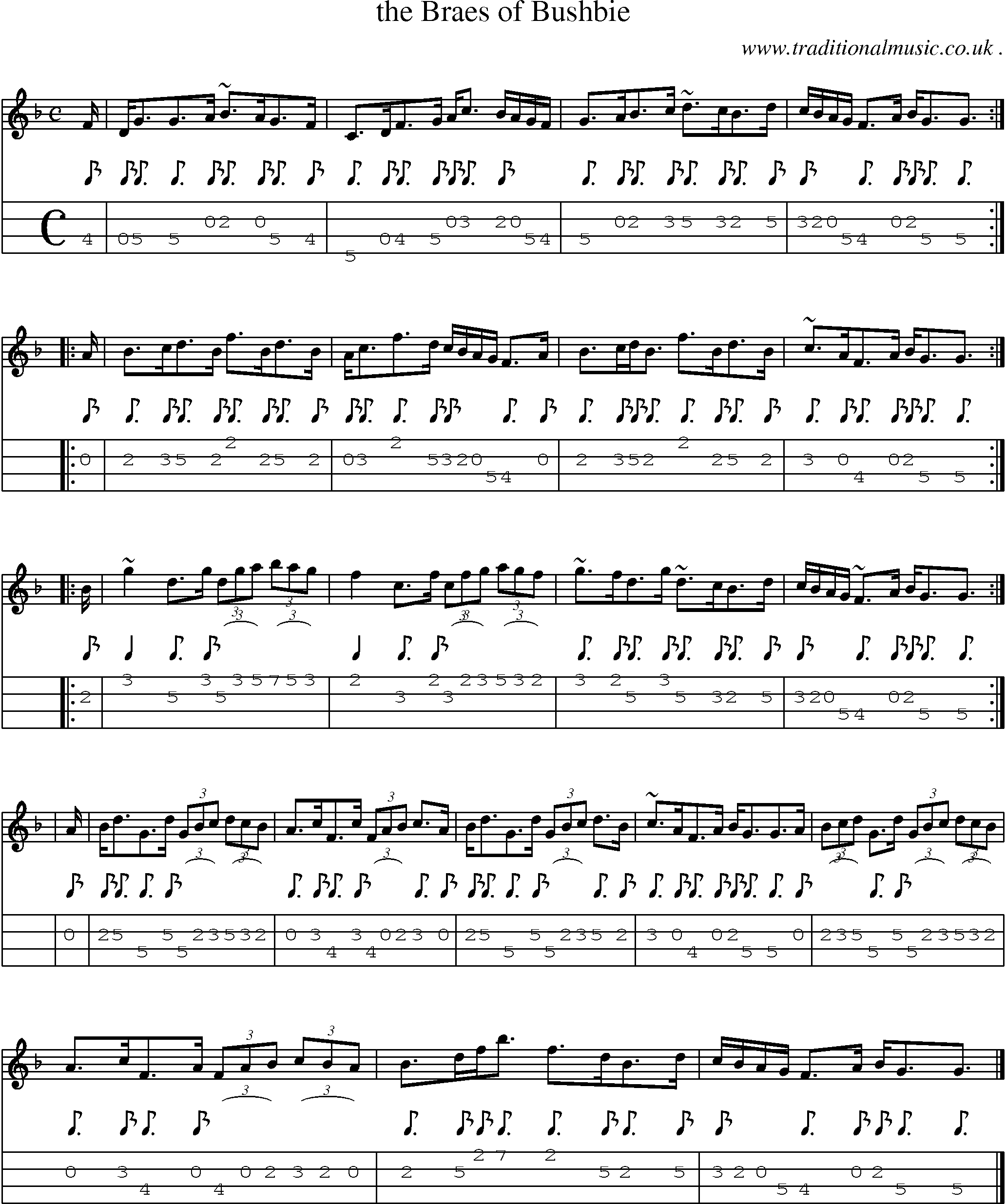 Sheet-music  score, Chords and Mandolin Tabs for The Braes Of Bushbie