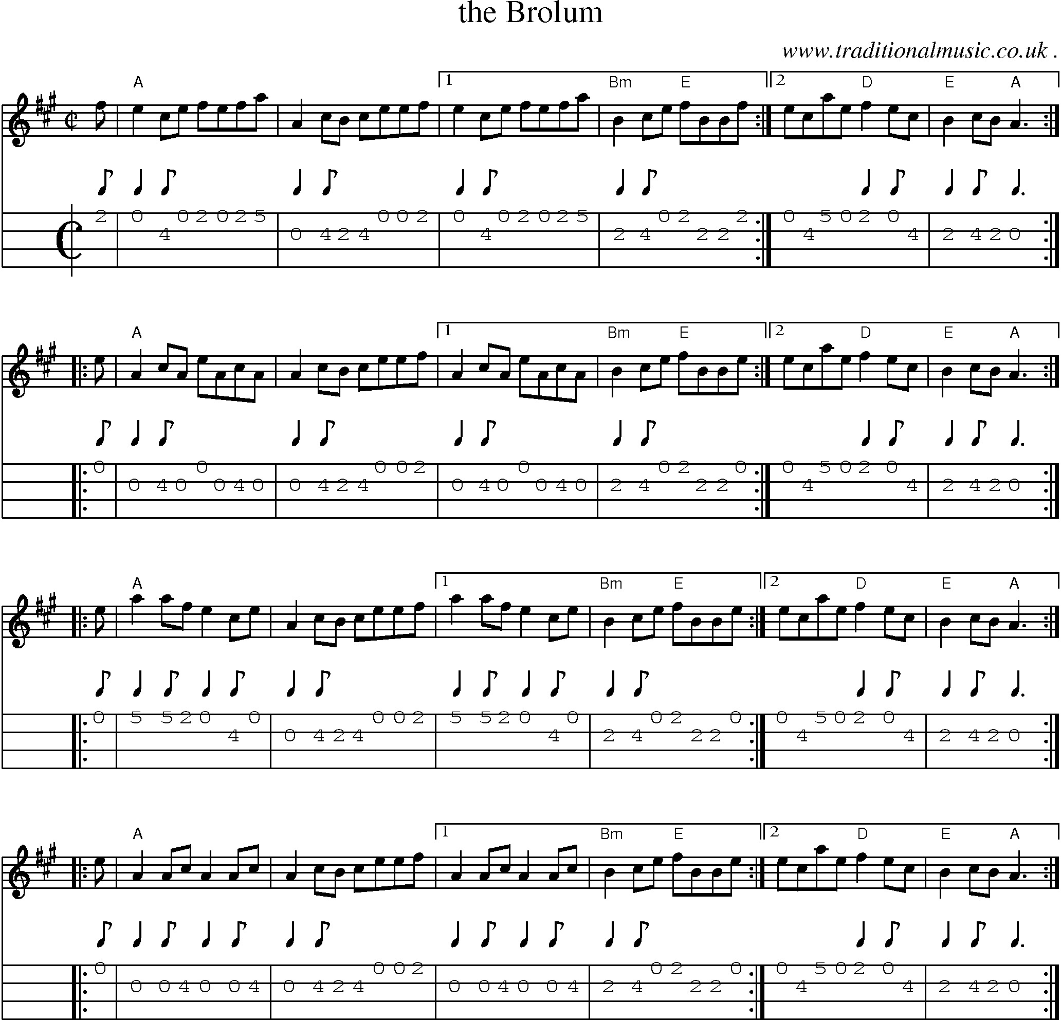 Sheet-music  score, Chords and Mandolin Tabs for The Brolum