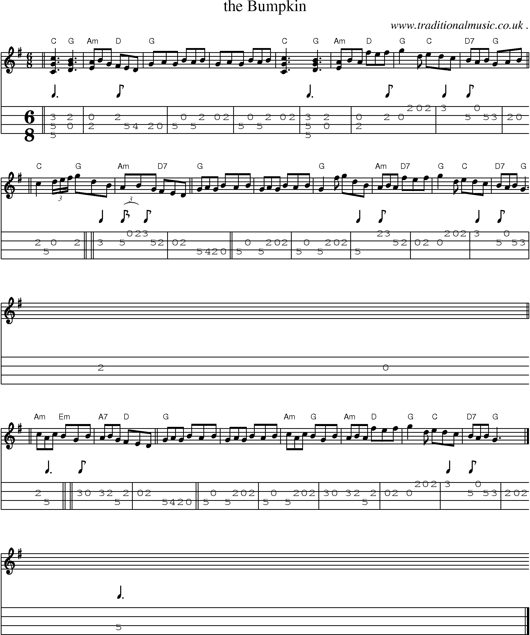 Sheet-music  score, Chords and Mandolin Tabs for The Bumpkin