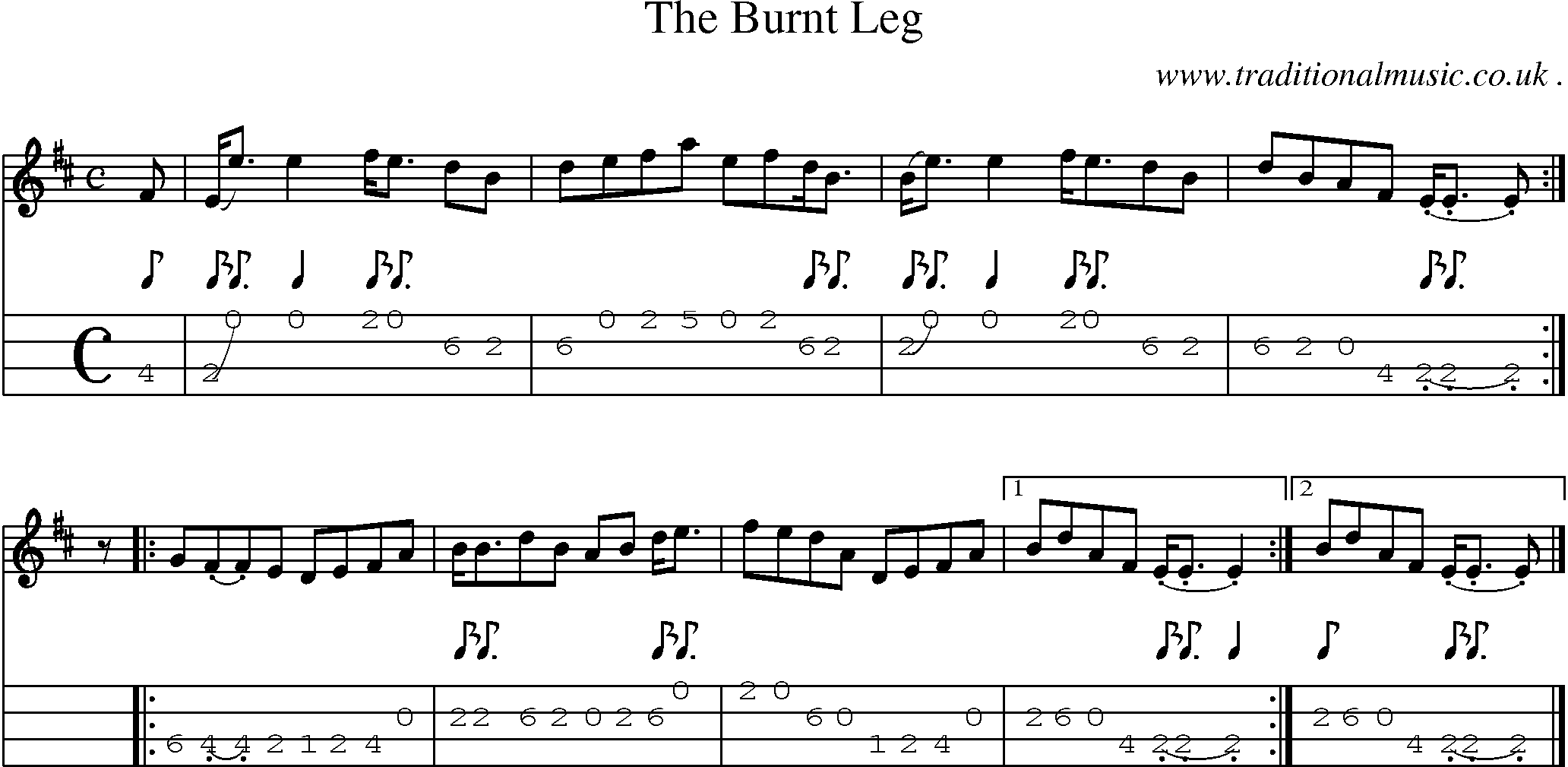 Sheet-music  score, Chords and Mandolin Tabs for The Burnt Leg