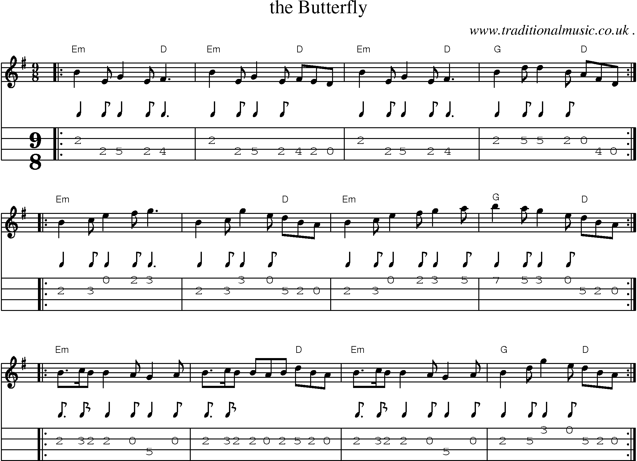 Sheet-music  score, Chords and Mandolin Tabs for The Butterfly