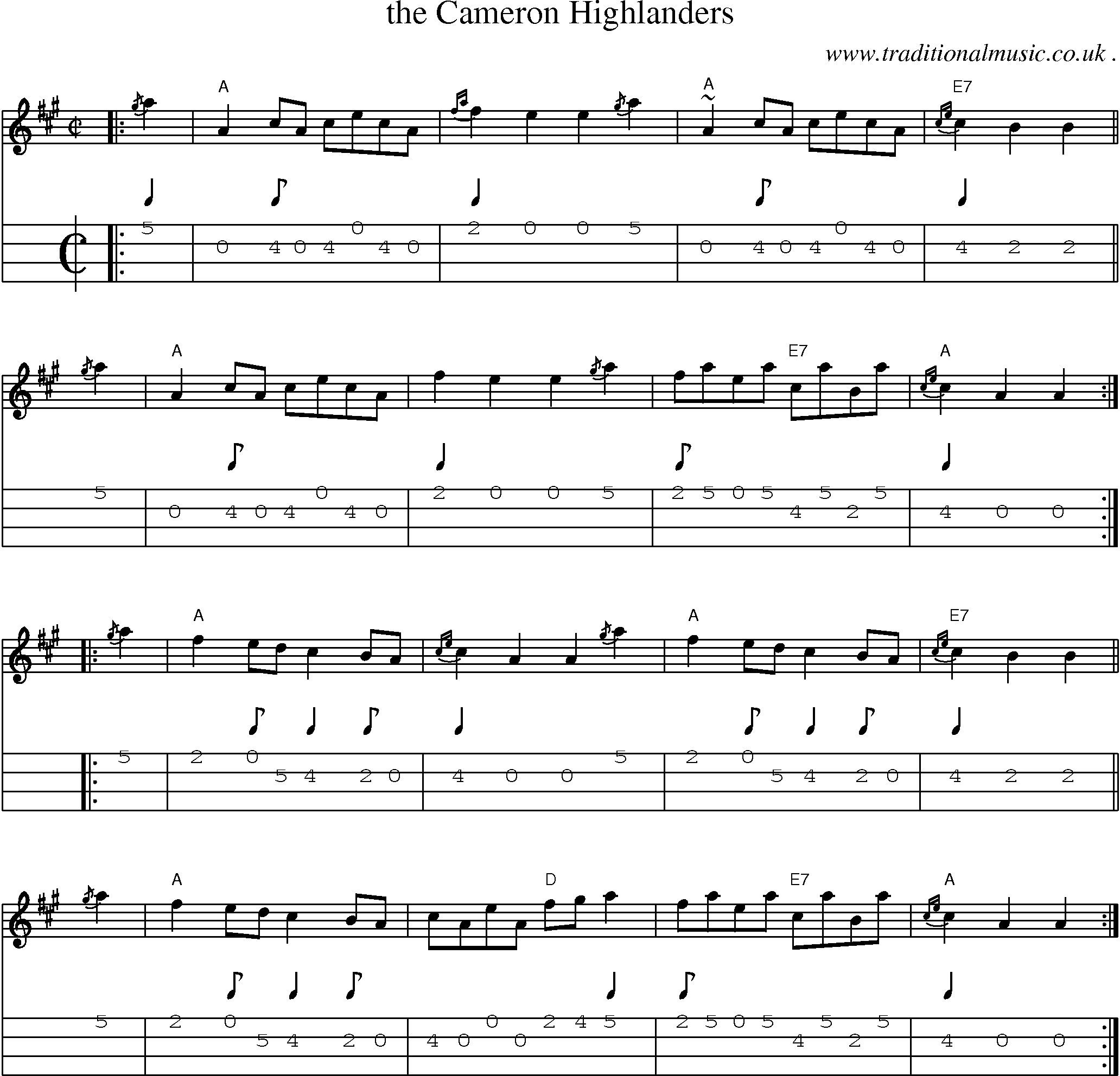 Sheet-music  score, Chords and Mandolin Tabs for The Cameron Highlanders