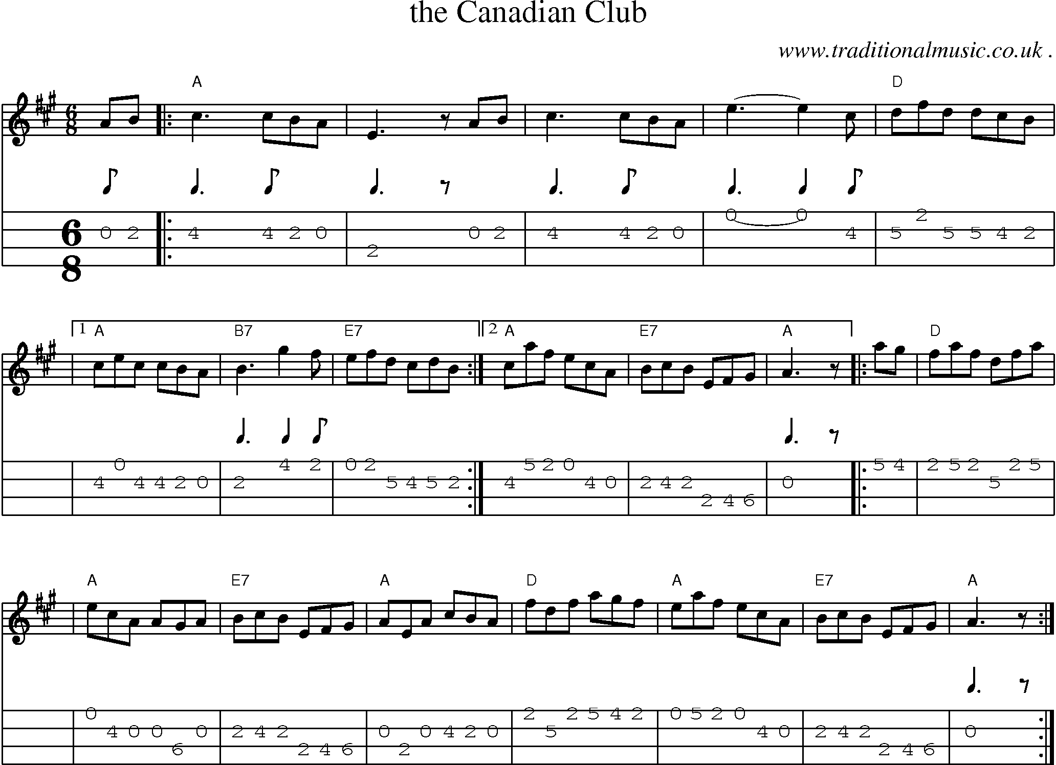 Sheet-music  score, Chords and Mandolin Tabs for The Canadian Club