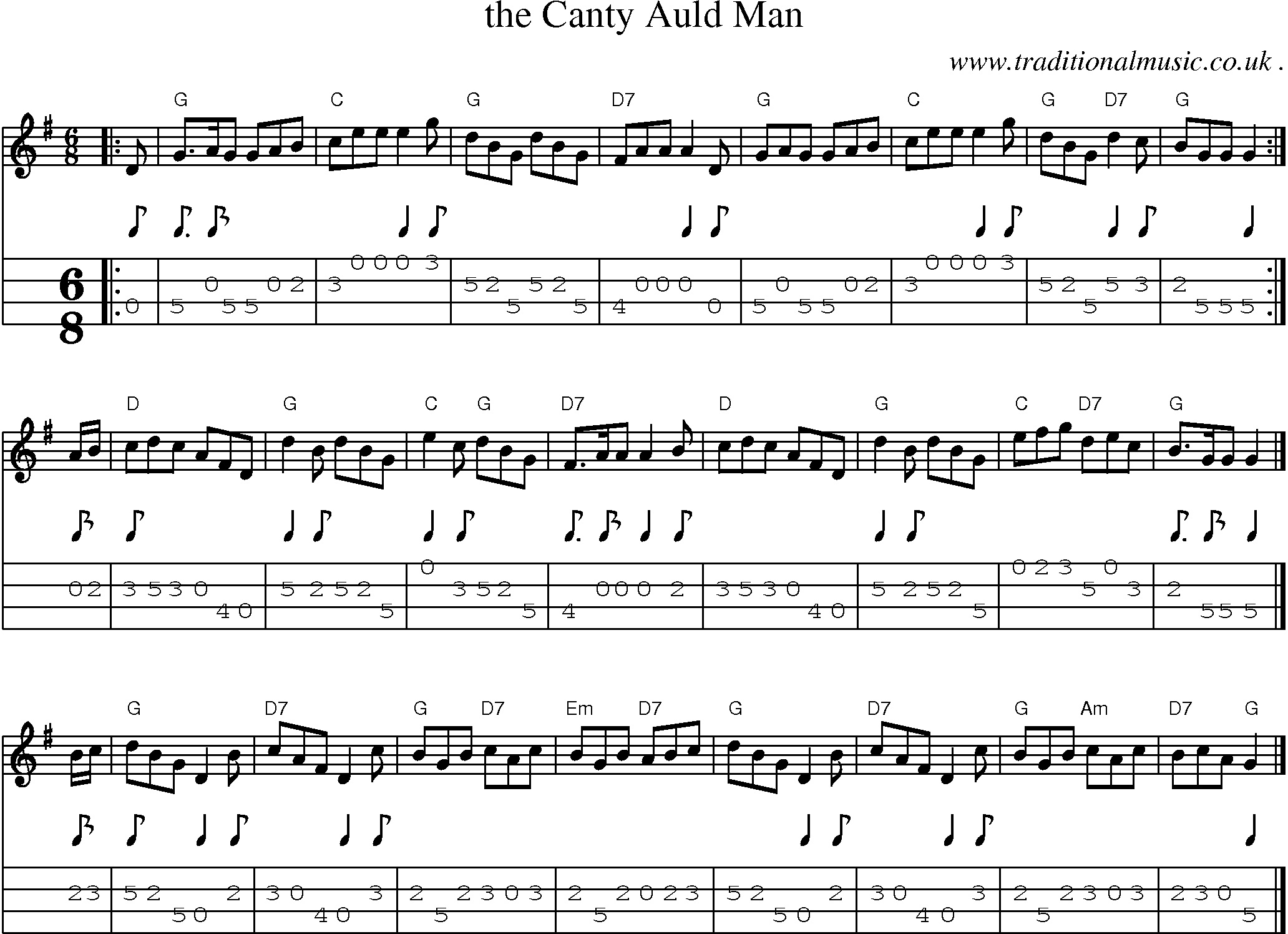 Sheet-music  score, Chords and Mandolin Tabs for The Canty Auld Man