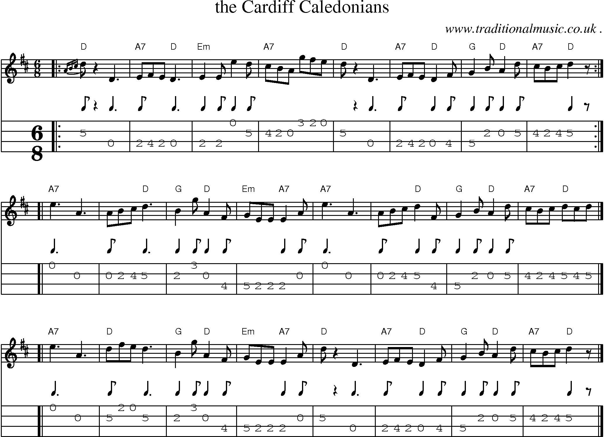 Sheet-music  score, Chords and Mandolin Tabs for The Cardiff Caledonians