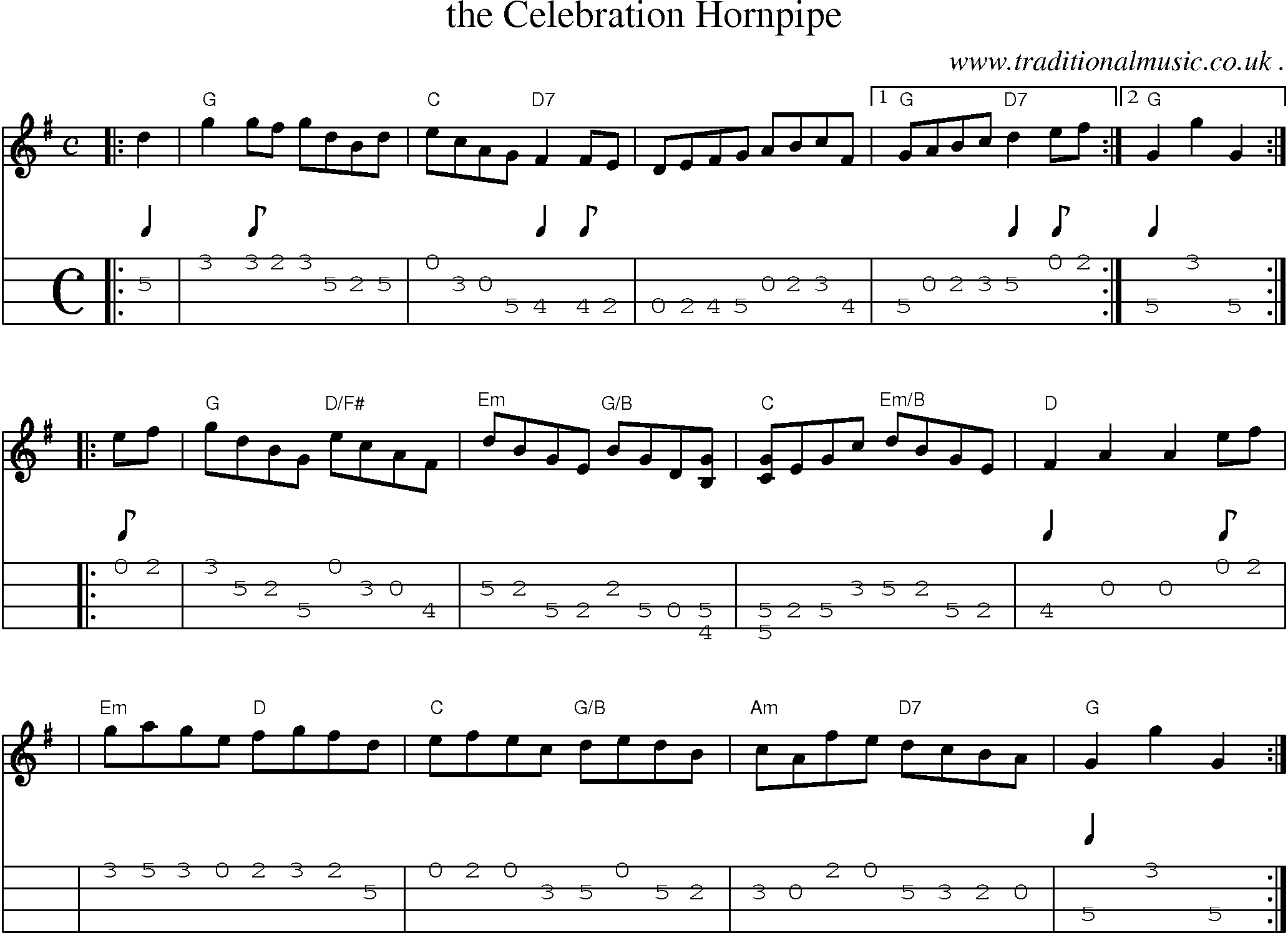 Sheet-music  score, Chords and Mandolin Tabs for The Celebration Hornpipe