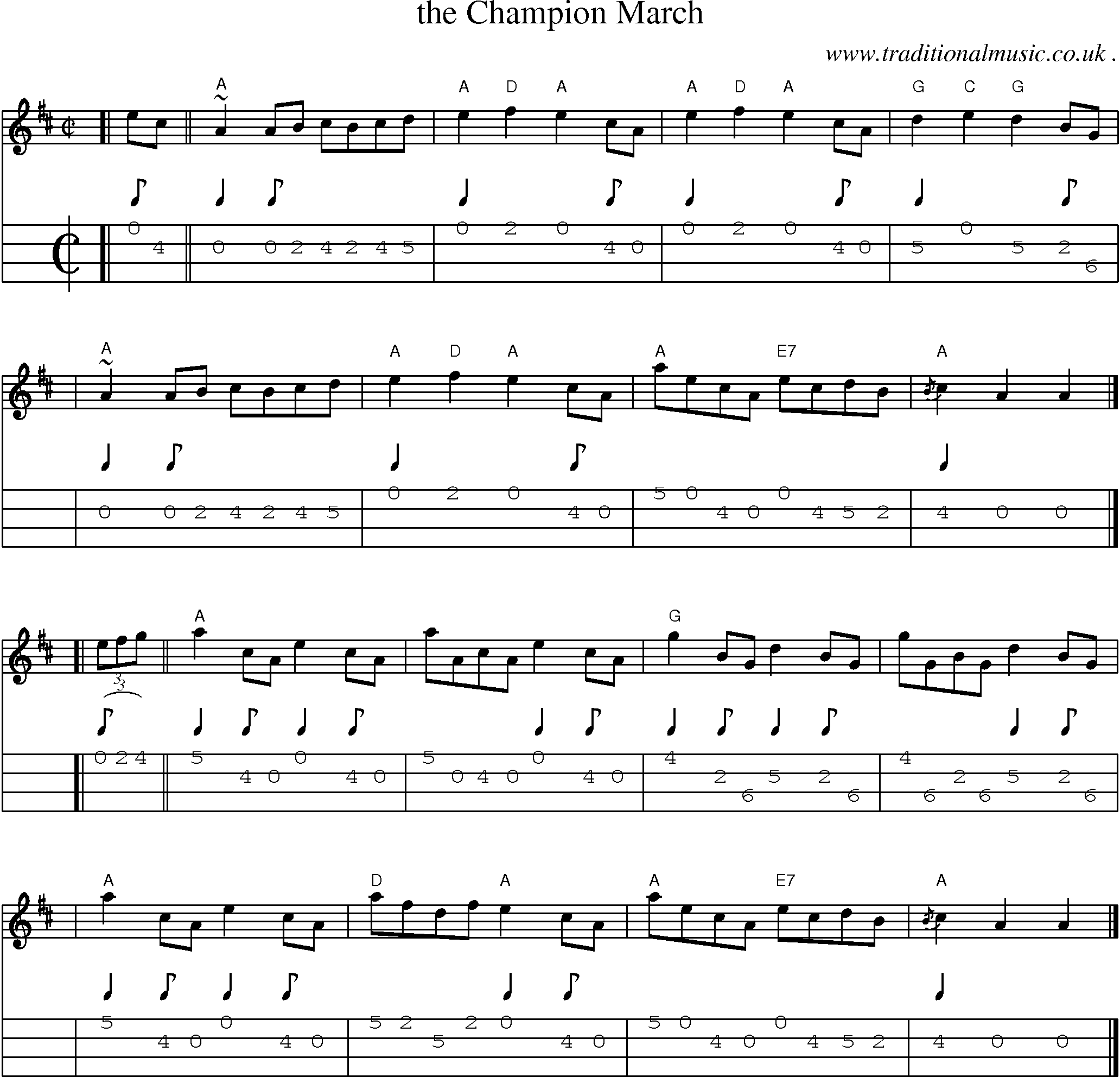 Sheet-music  score, Chords and Mandolin Tabs for The Champion March