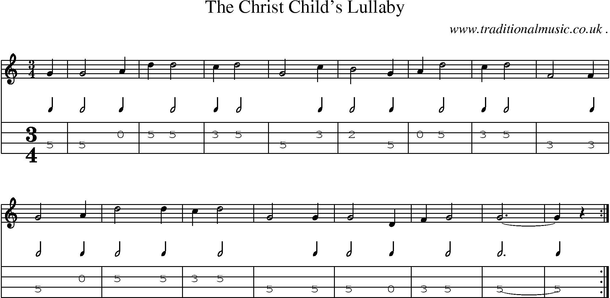 Sheet-music  score, Chords and Mandolin Tabs for The Christ Childs Lullaby