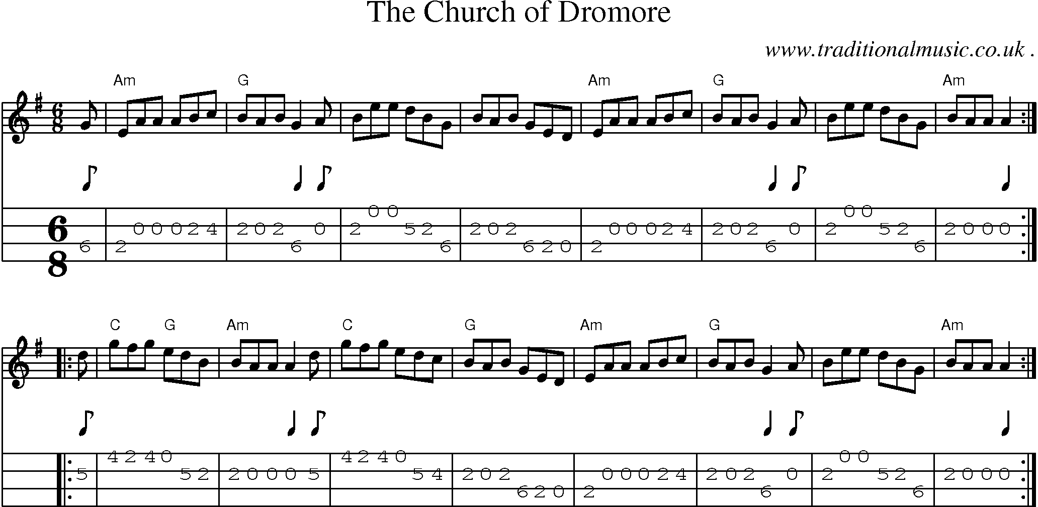 Sheet-music  score, Chords and Mandolin Tabs for The Church Of Dromore