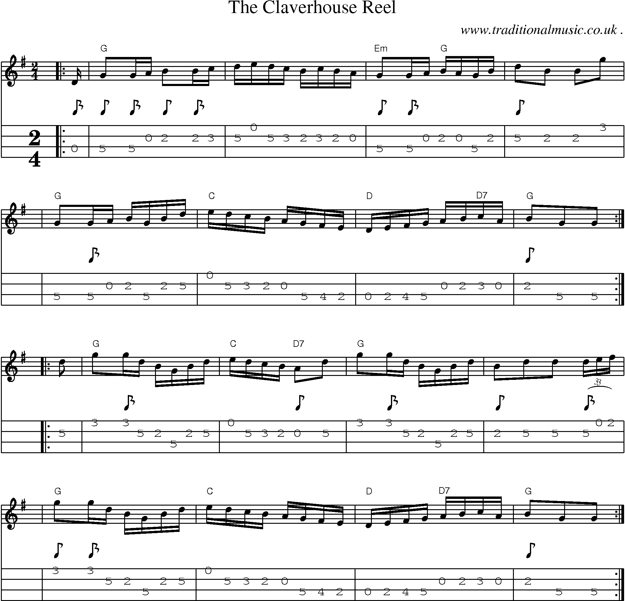 Sheet-music  score, Chords and Mandolin Tabs for The Claverhouse Reel