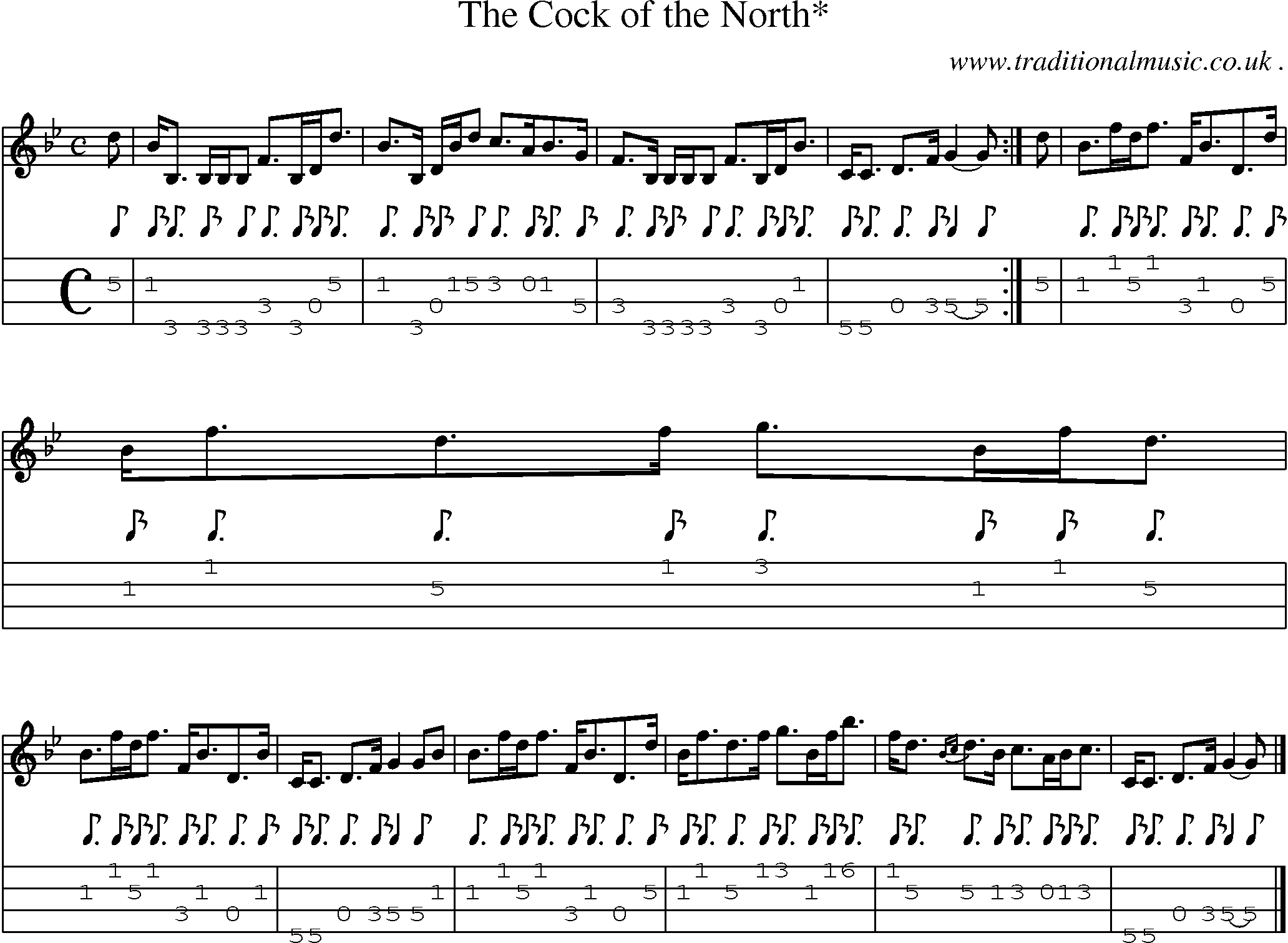 Sheet-music  score, Chords and Mandolin Tabs for The Cock Of The North