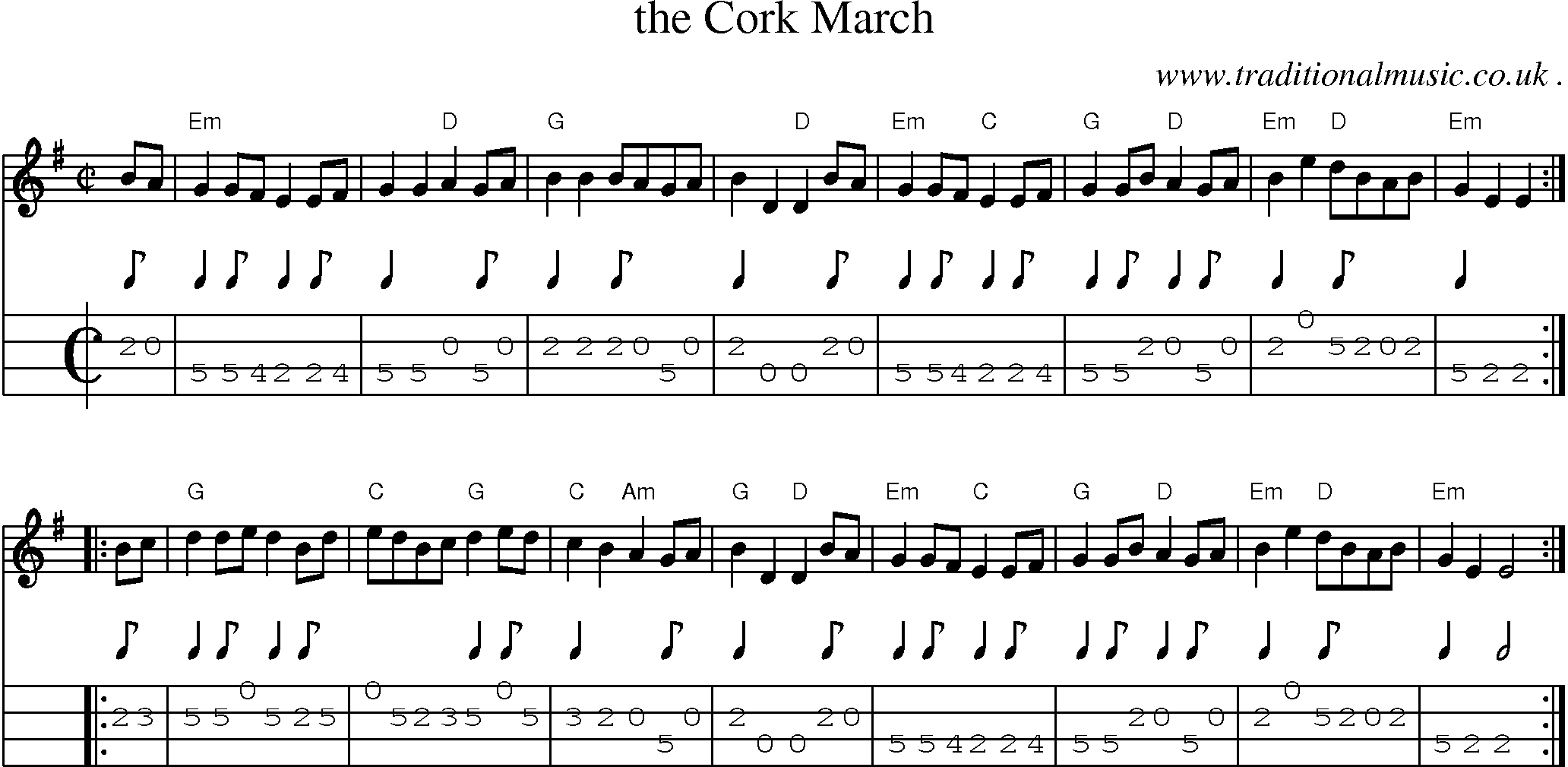 Sheet-music  score, Chords and Mandolin Tabs for The Cork March