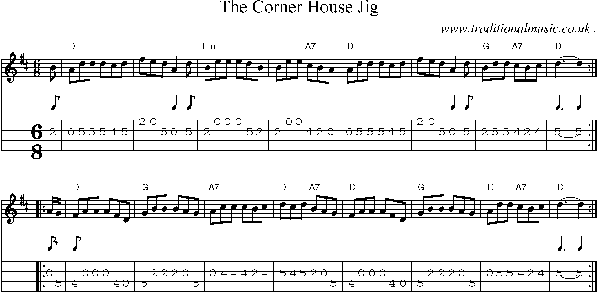 Sheet-music  score, Chords and Mandolin Tabs for The Corner House Jig