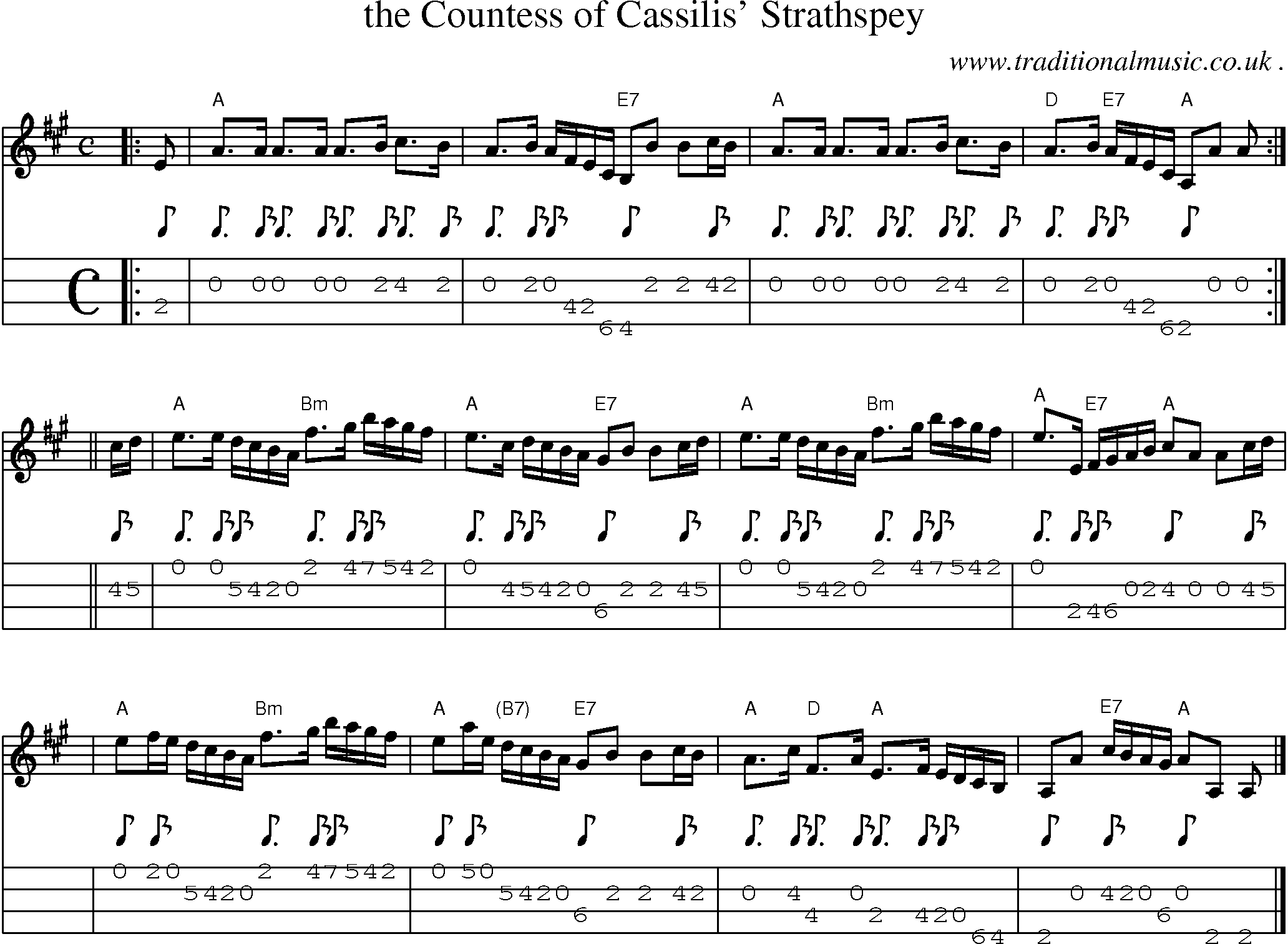 Sheet-music  score, Chords and Mandolin Tabs for The Countess Of Cassilis Strathspey