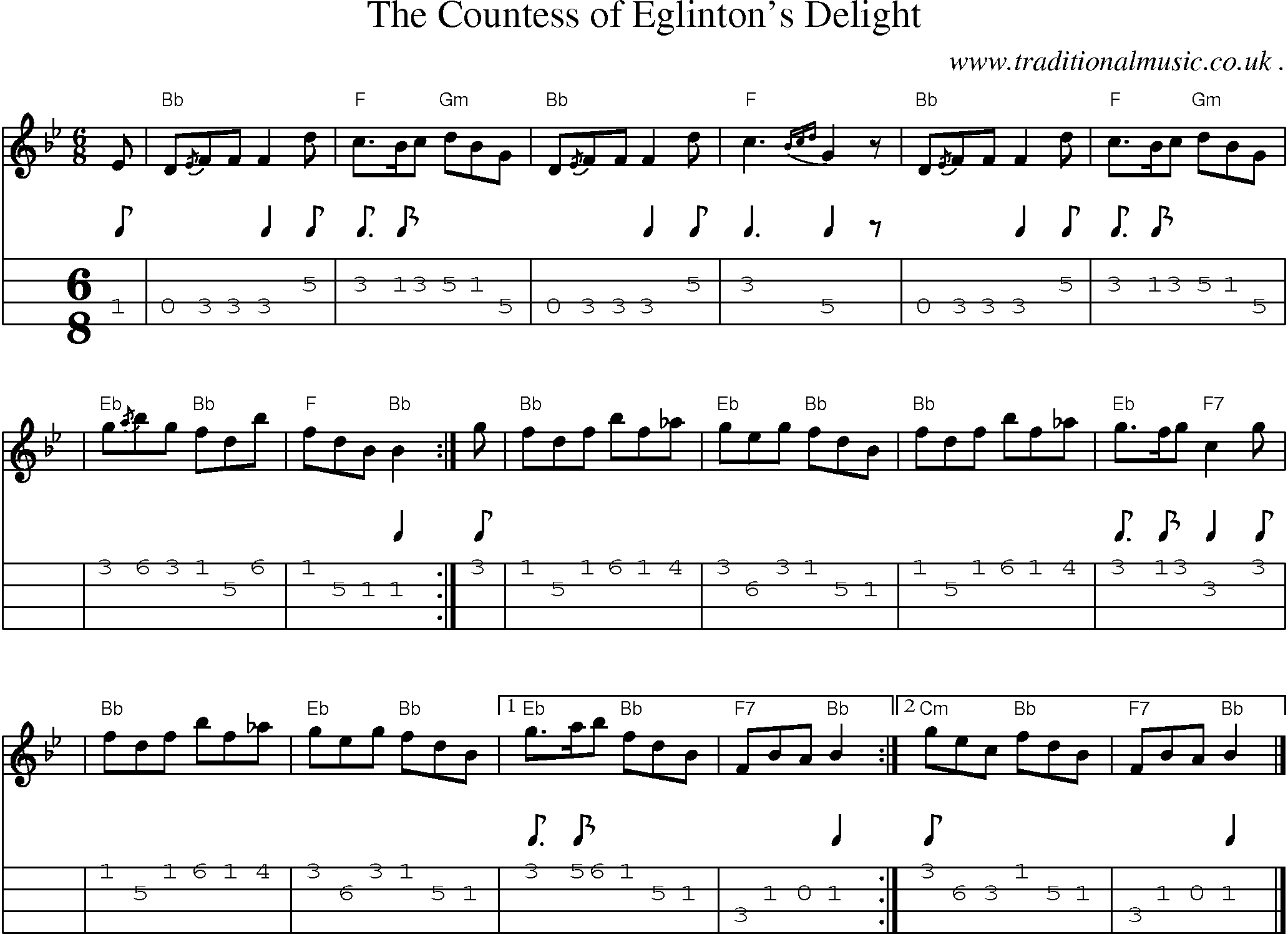 Sheet-music  score, Chords and Mandolin Tabs for The Countess Of Eglintons Delight