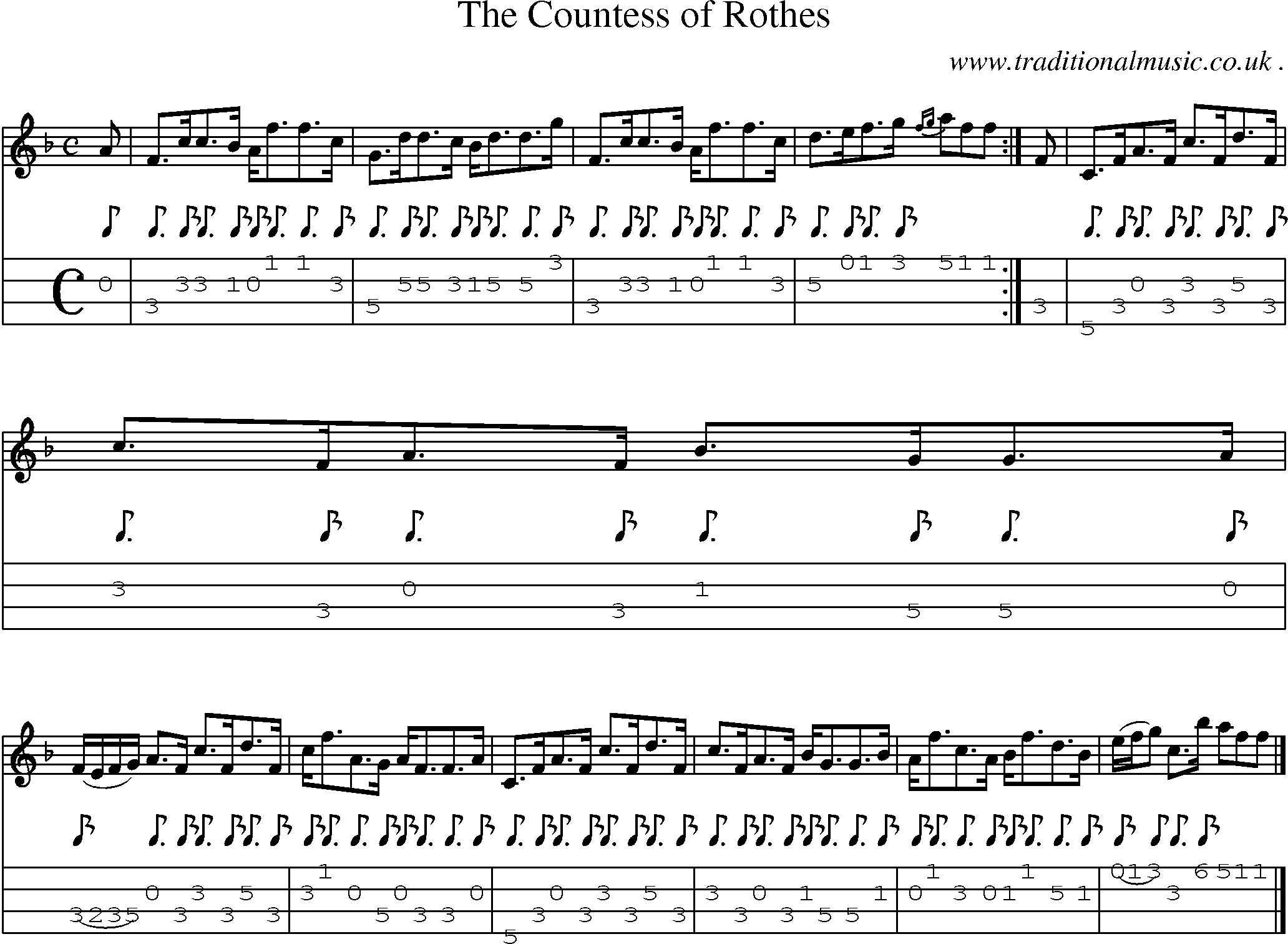 Sheet-music  score, Chords and Mandolin Tabs for The Countess Of Rothes