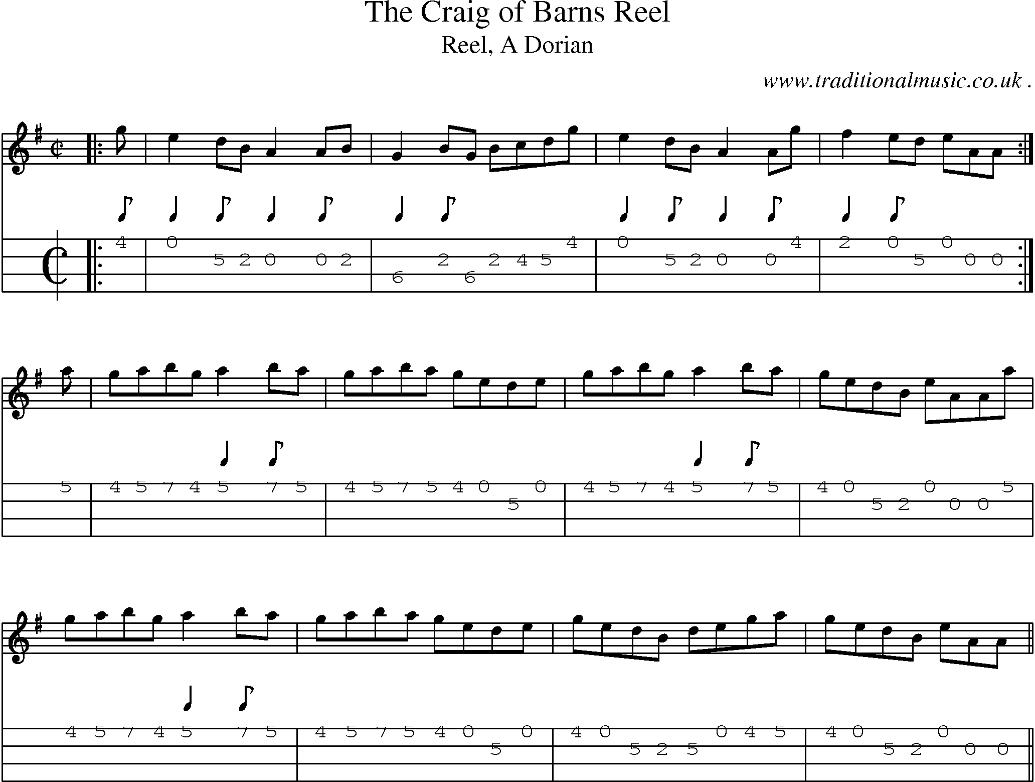 Sheet-music  score, Chords and Mandolin Tabs for The Craig Of Barns Reel