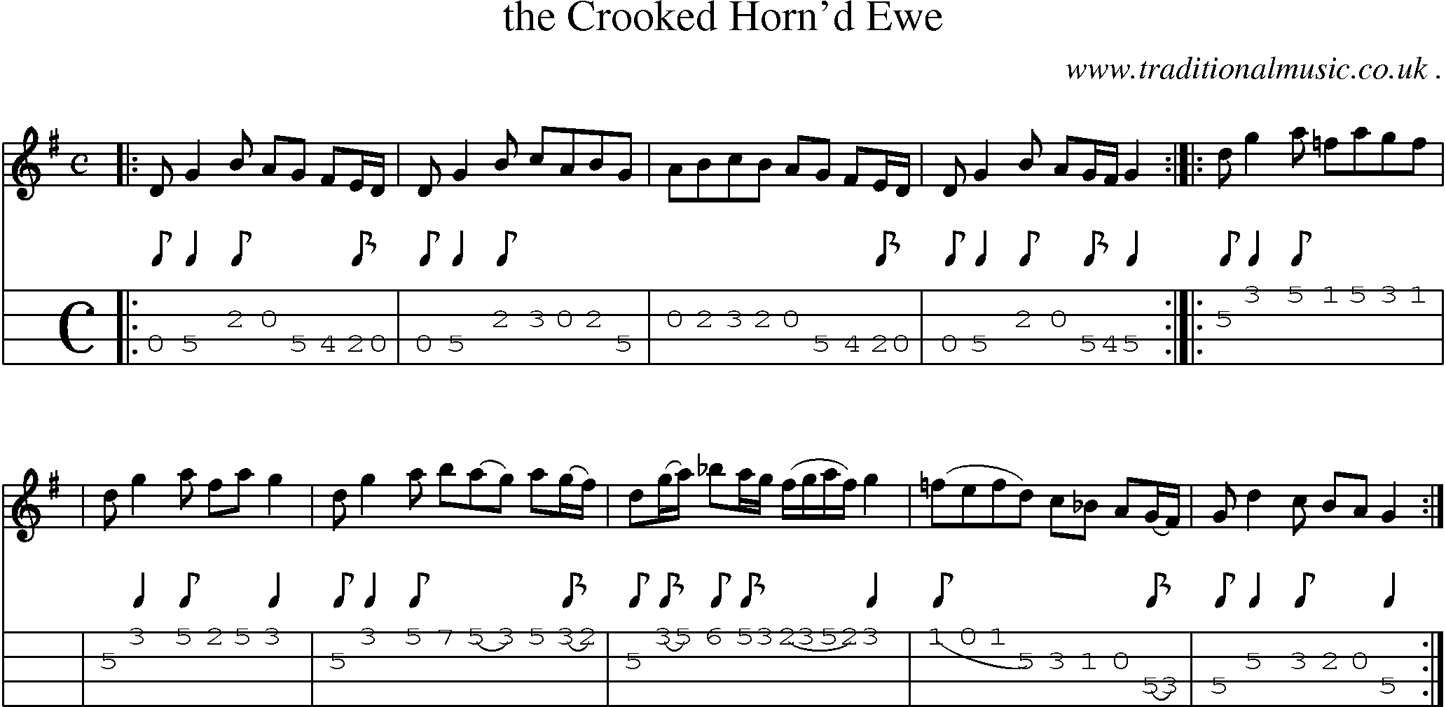 Sheet-music  score, Chords and Mandolin Tabs for The Crooked Hornd Ewe