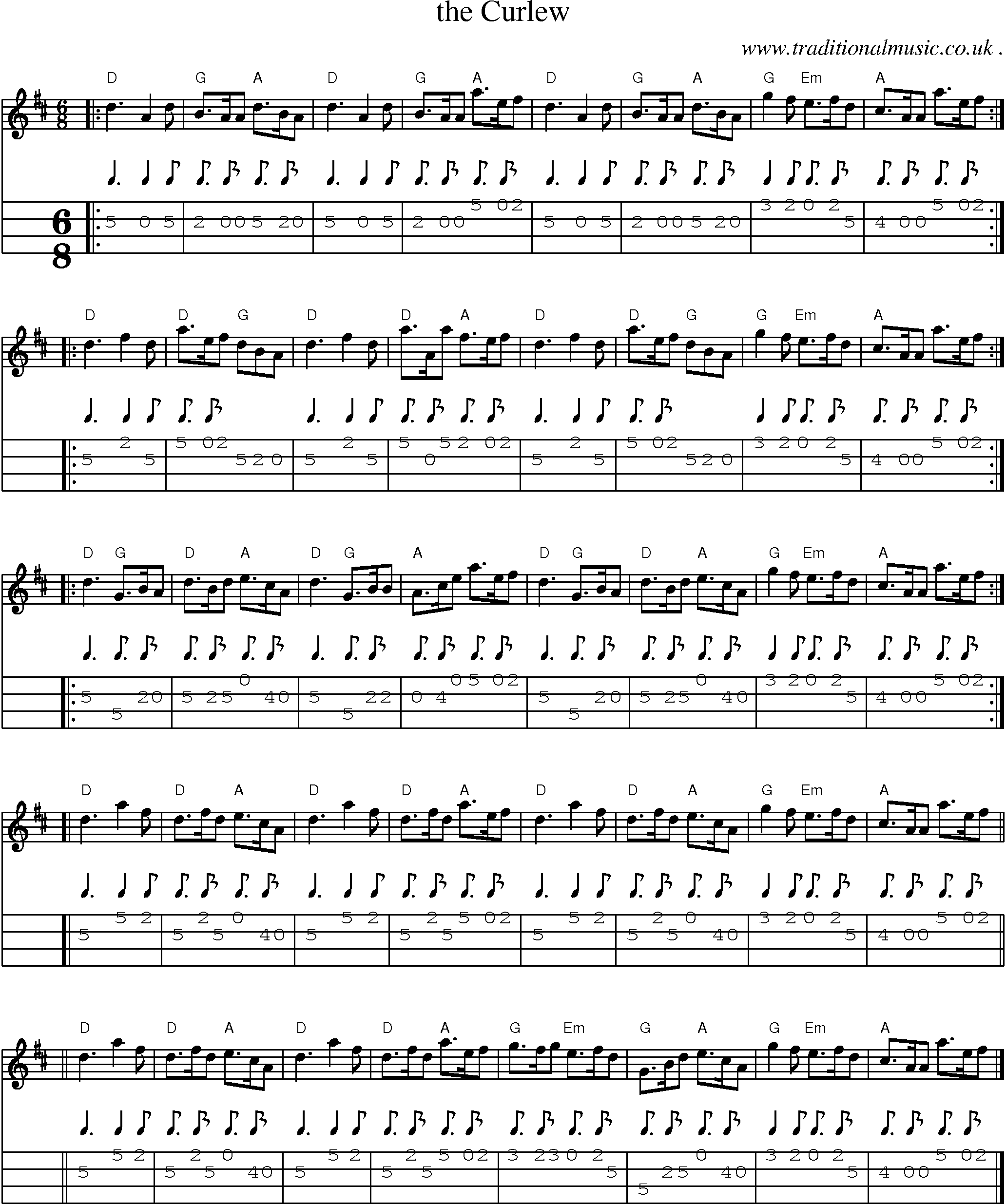 Sheet-music  score, Chords and Mandolin Tabs for The Curlew