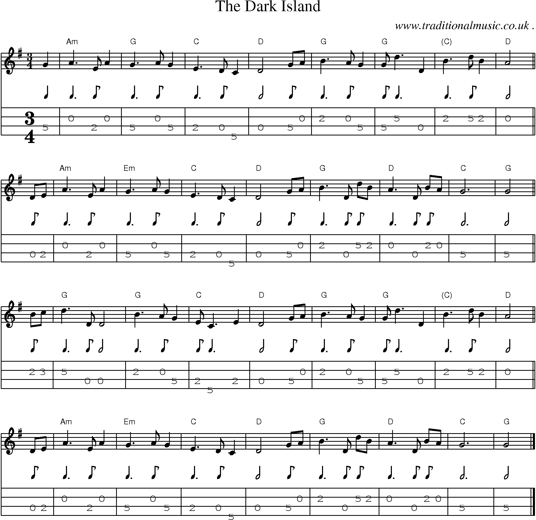 Sheet-music  score, Chords and Mandolin Tabs for The Dark Island