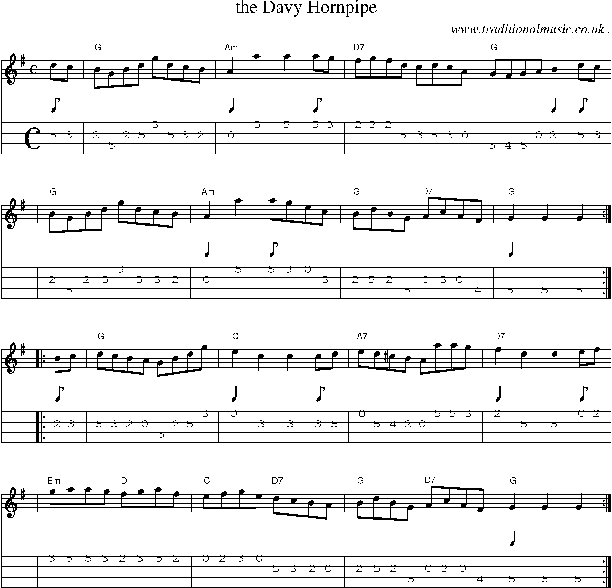 Sheet-music  score, Chords and Mandolin Tabs for The Davy Hornpipe