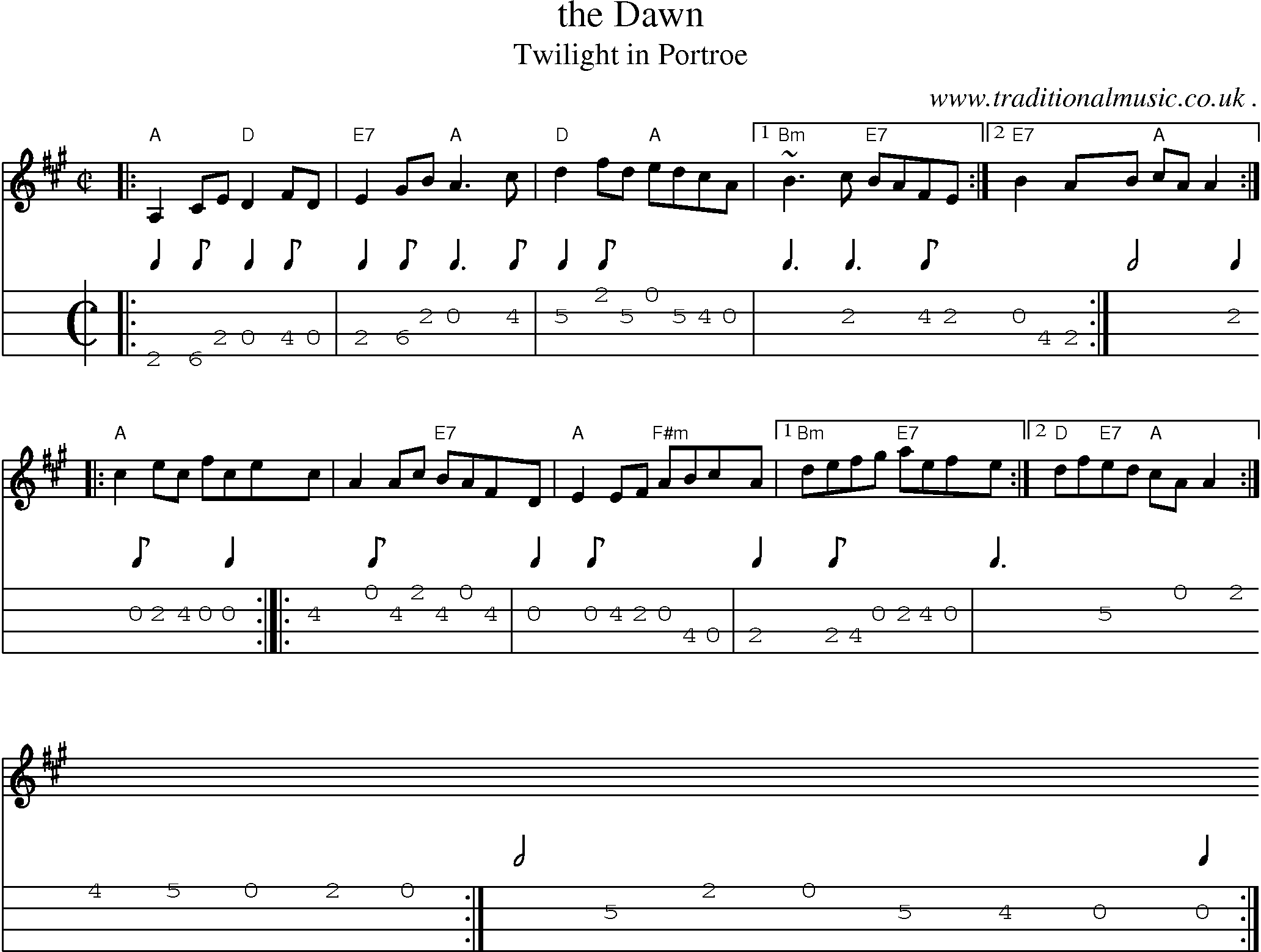 Sheet-music  score, Chords and Mandolin Tabs for The Dawn