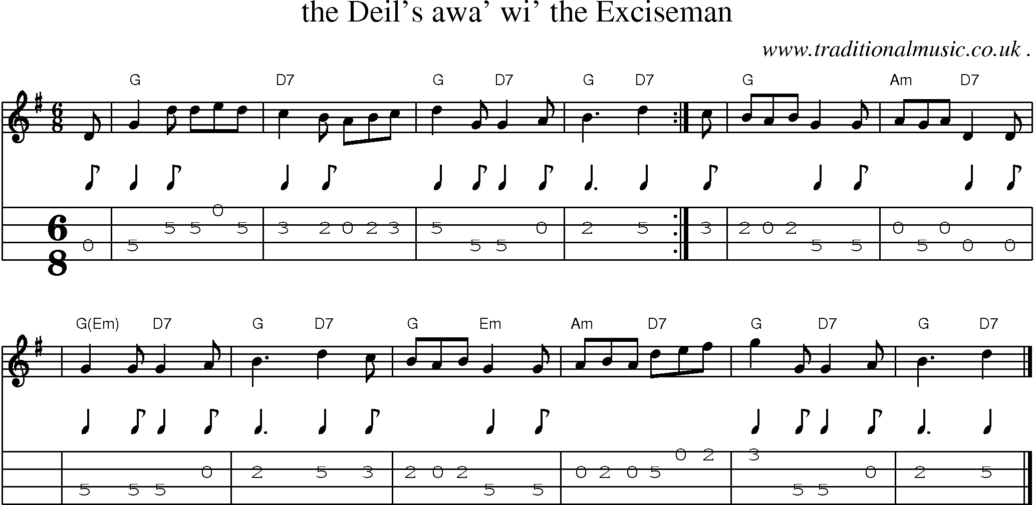 Sheet-music  score, Chords and Mandolin Tabs for The Deils Awa Wi The Exciseman