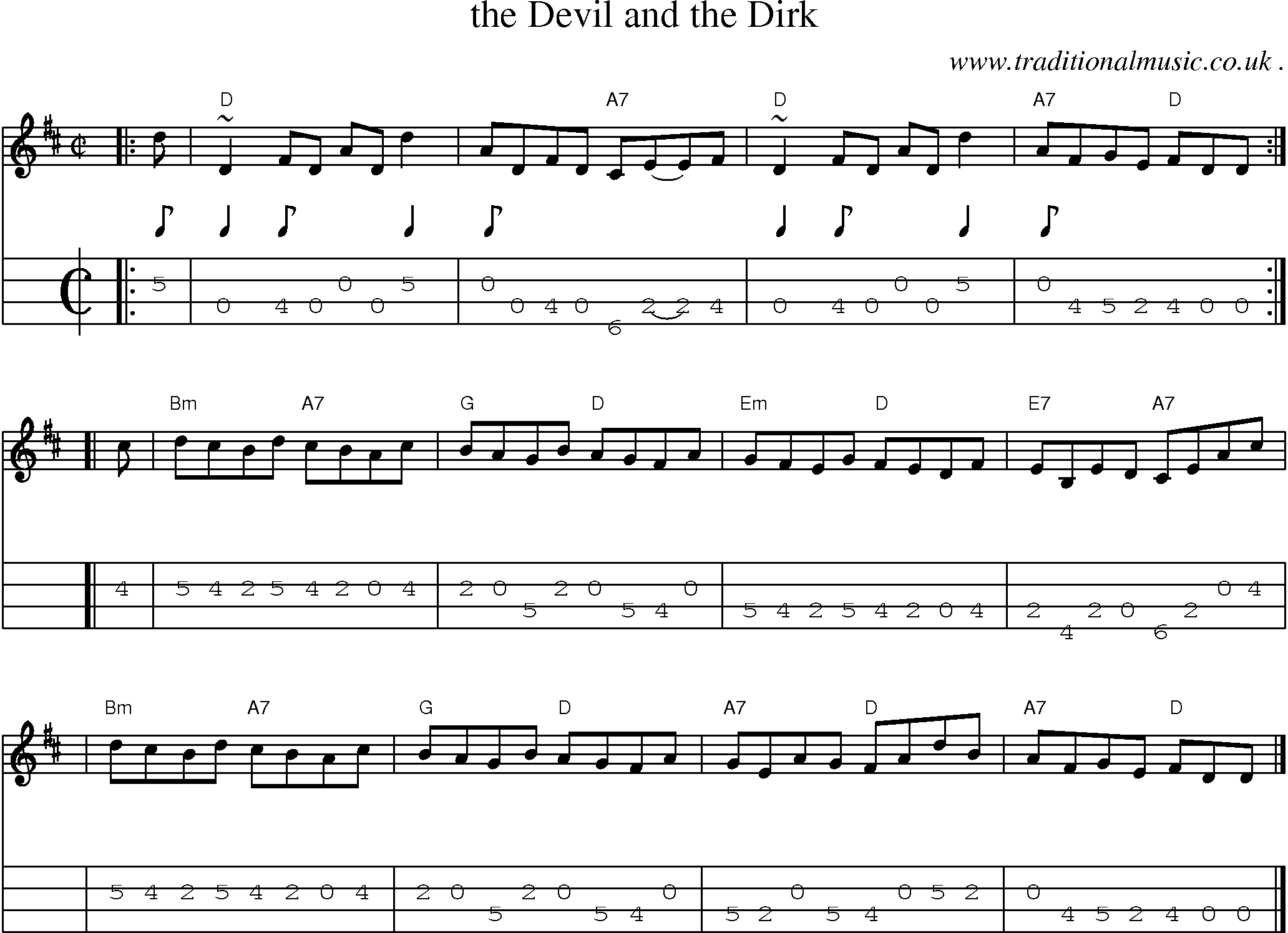 Sheet-music  score, Chords and Mandolin Tabs for The Devil And The Dirk