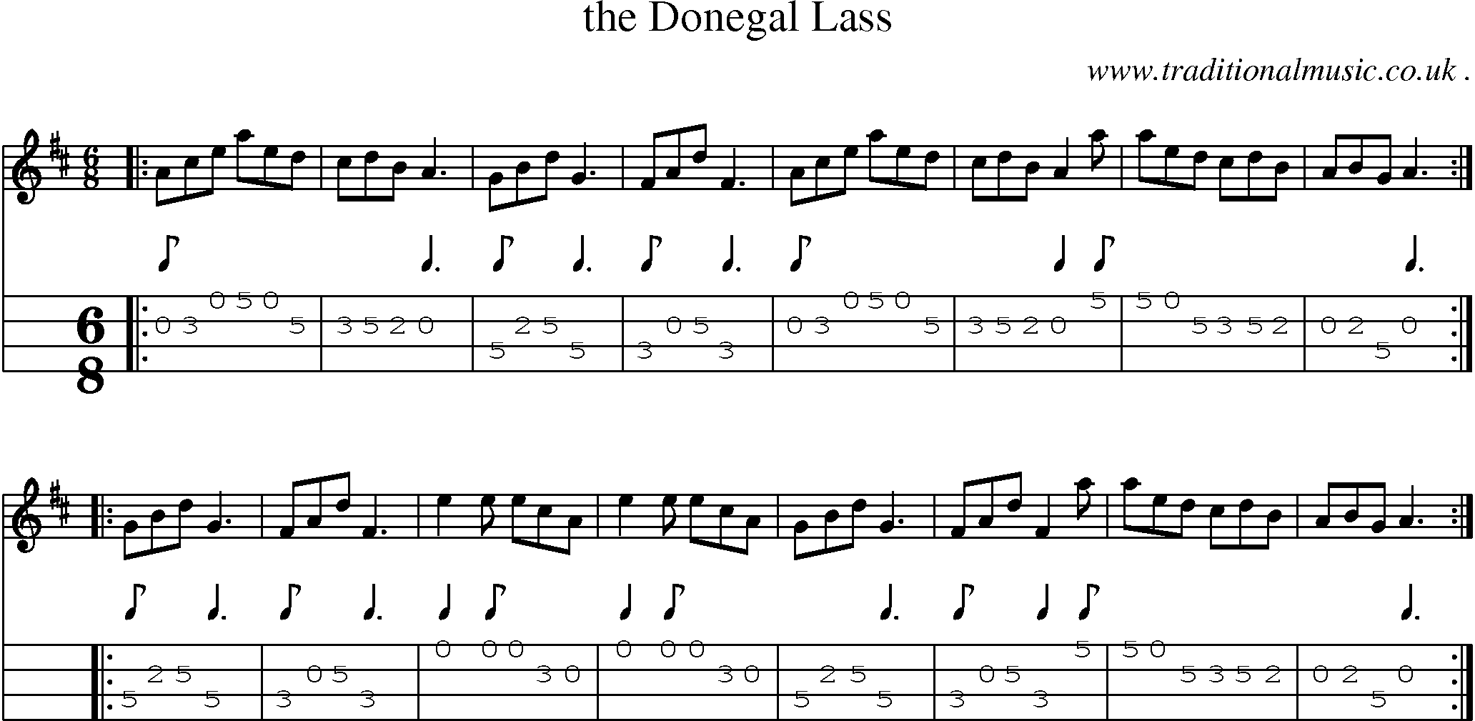 Sheet-music  score, Chords and Mandolin Tabs for The Donegal Lass