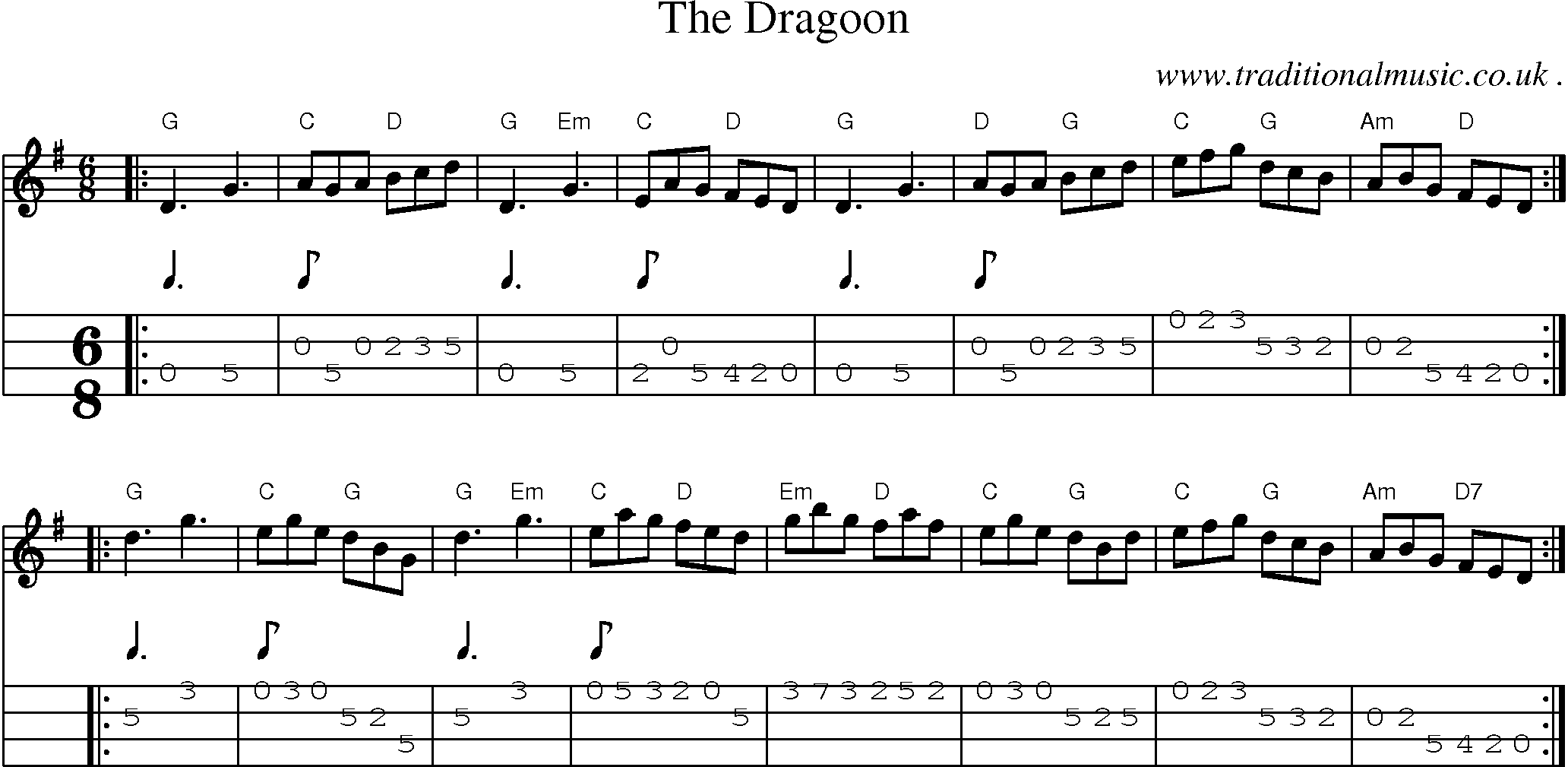 Sheet-music  score, Chords and Mandolin Tabs for The Dragoon