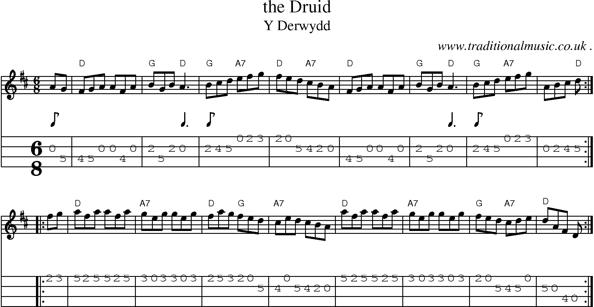 Sheet-music  score, Chords and Mandolin Tabs for The Druid