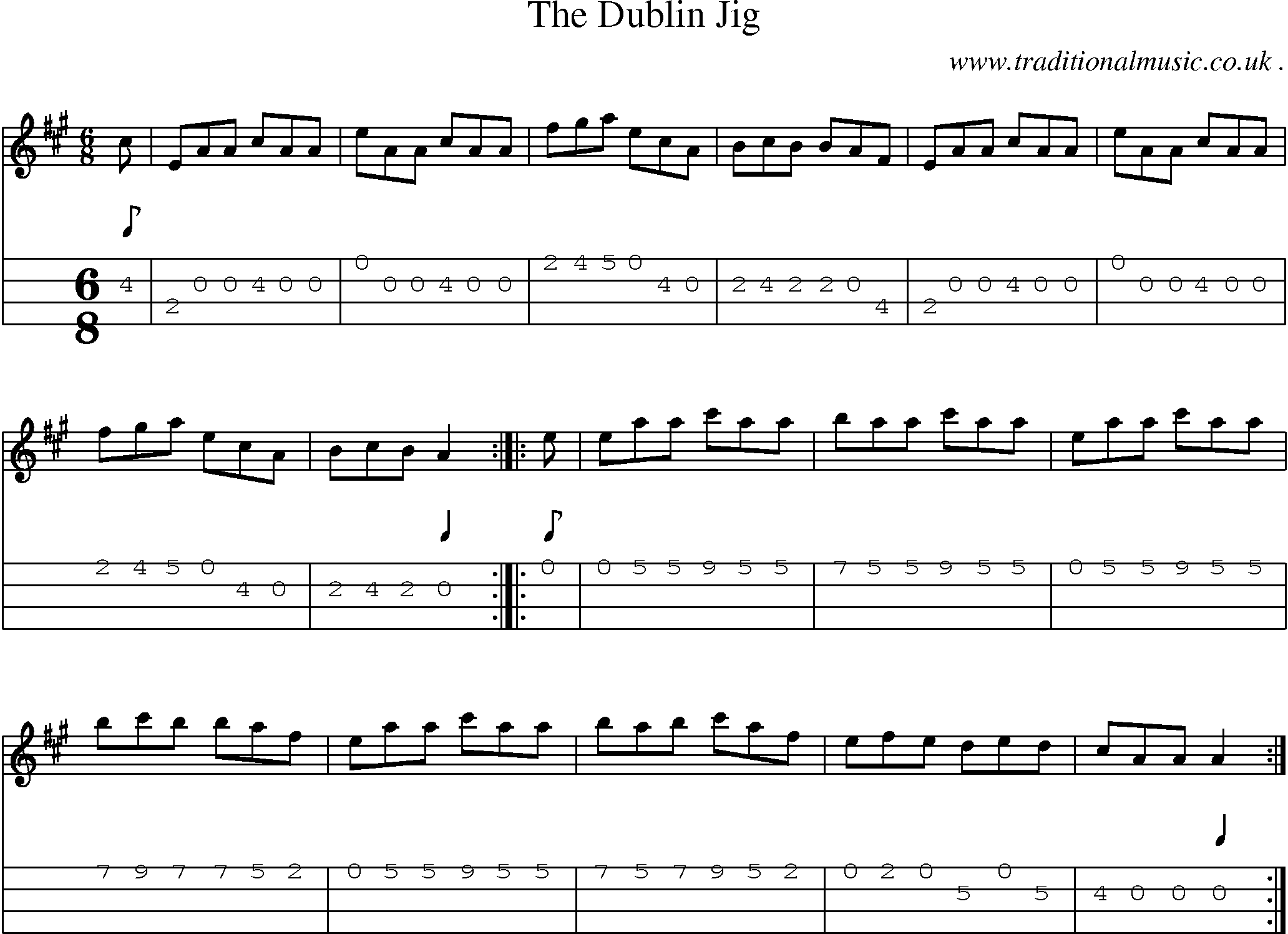 Sheet-music  score, Chords and Mandolin Tabs for The Dublin Jig