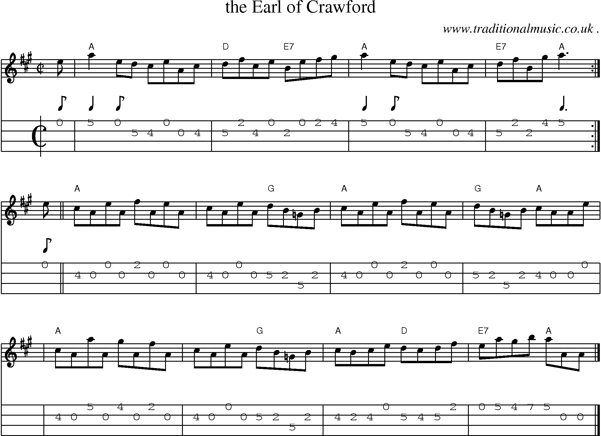 Sheet-music  score, Chords and Mandolin Tabs for The Earl Of Crawford