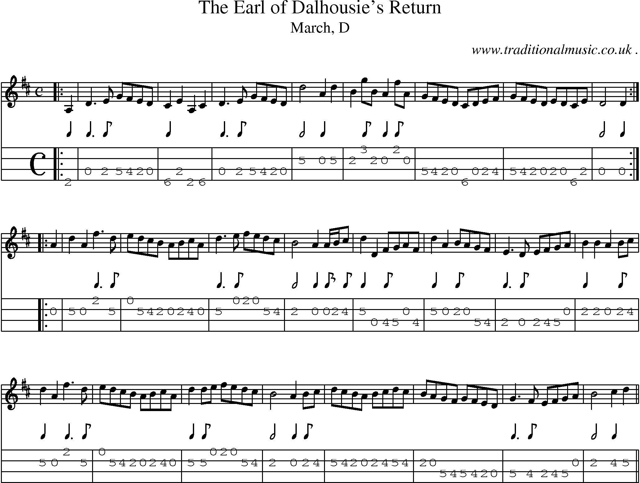Sheet-music  score, Chords and Mandolin Tabs for The Earl Of Dalhousies Return