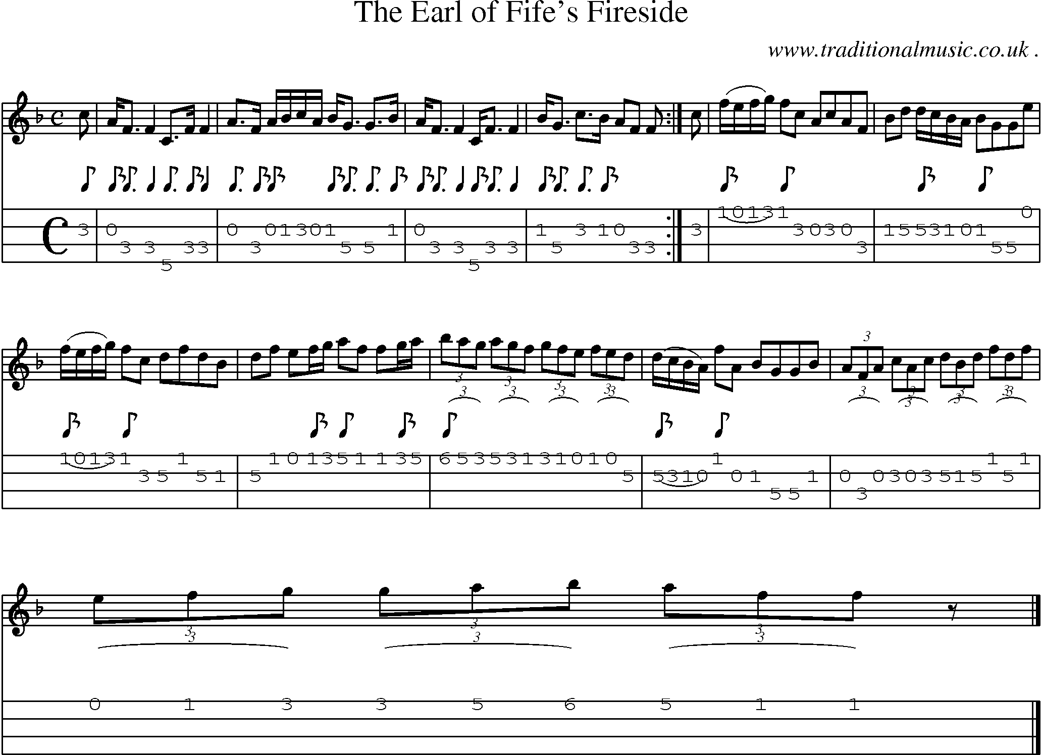 Sheet-music  score, Chords and Mandolin Tabs for The Earl Of Fifes Fireside
