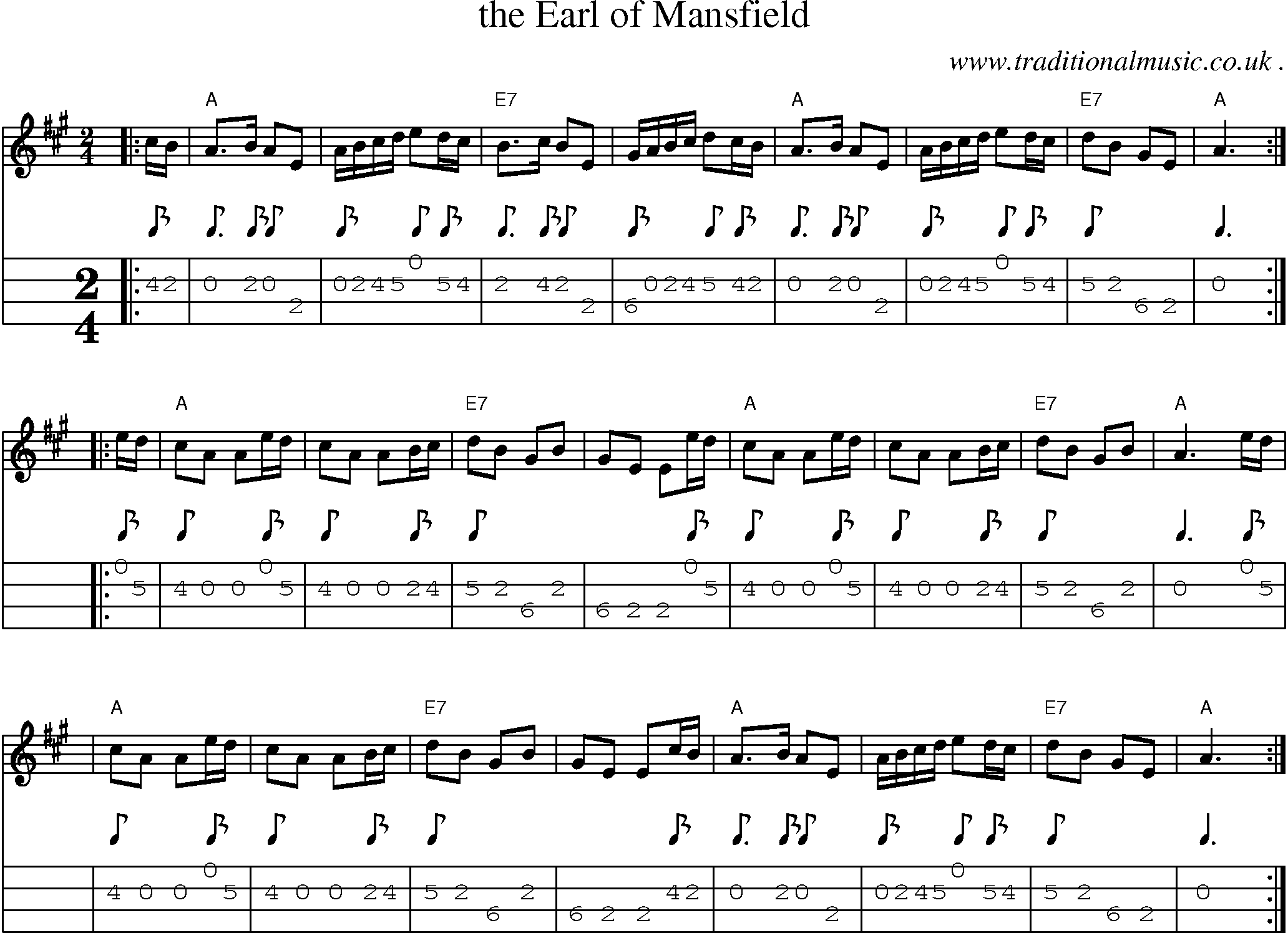 Sheet-music  score, Chords and Mandolin Tabs for The Earl Of Mansfield