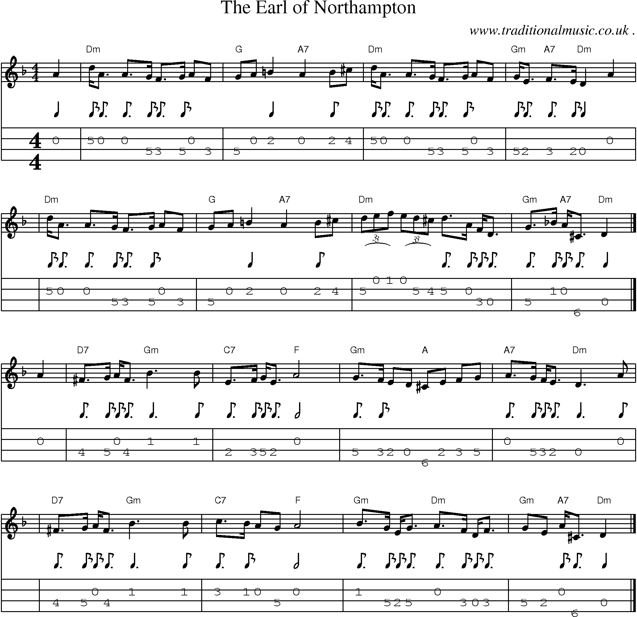 Sheet-music  score, Chords and Mandolin Tabs for The Earl Of Northampton