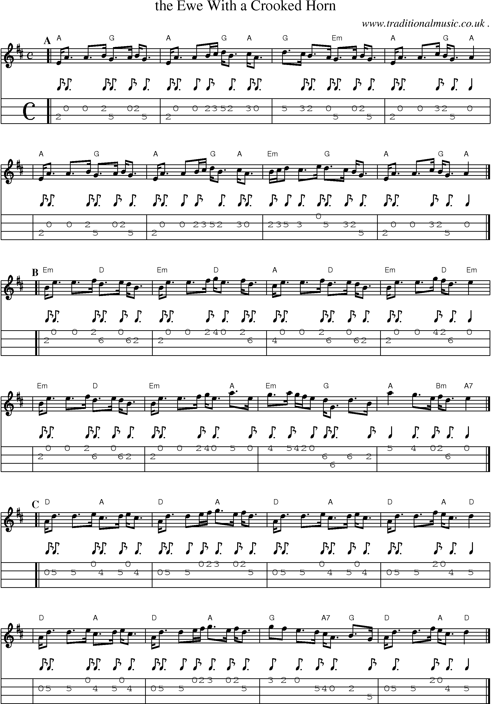 Sheet-music  score, Chords and Mandolin Tabs for The Ewe With A Crooked Horn