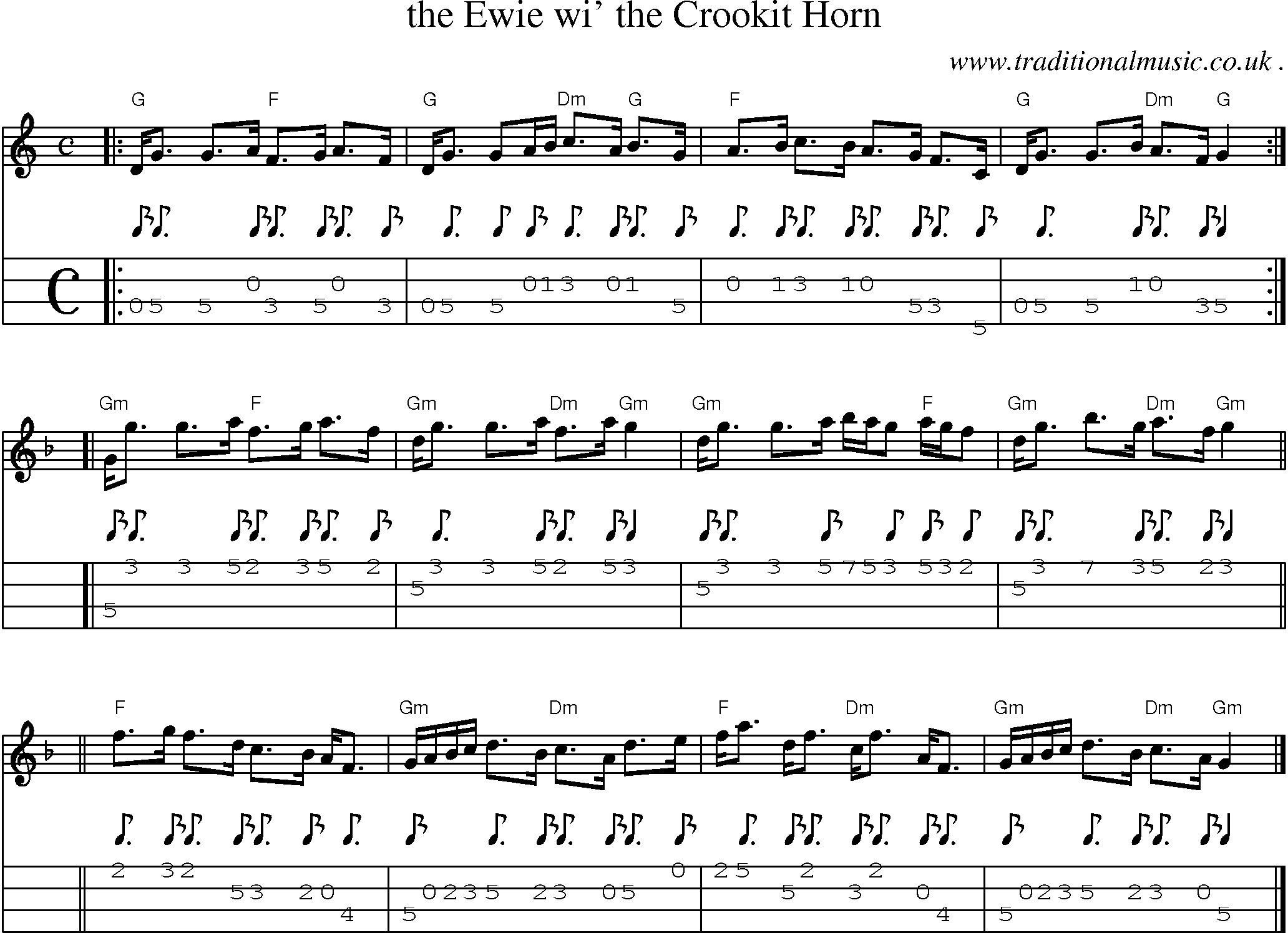 Sheet-music  score, Chords and Mandolin Tabs for The Ewie Wi The Crookit Horn