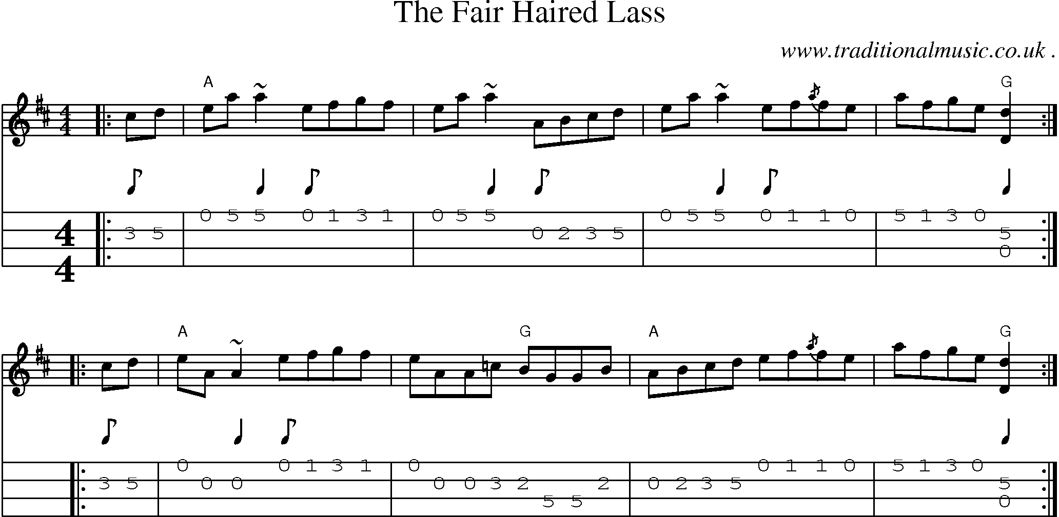 Sheet-music  score, Chords and Mandolin Tabs for The Fair Haired Lass