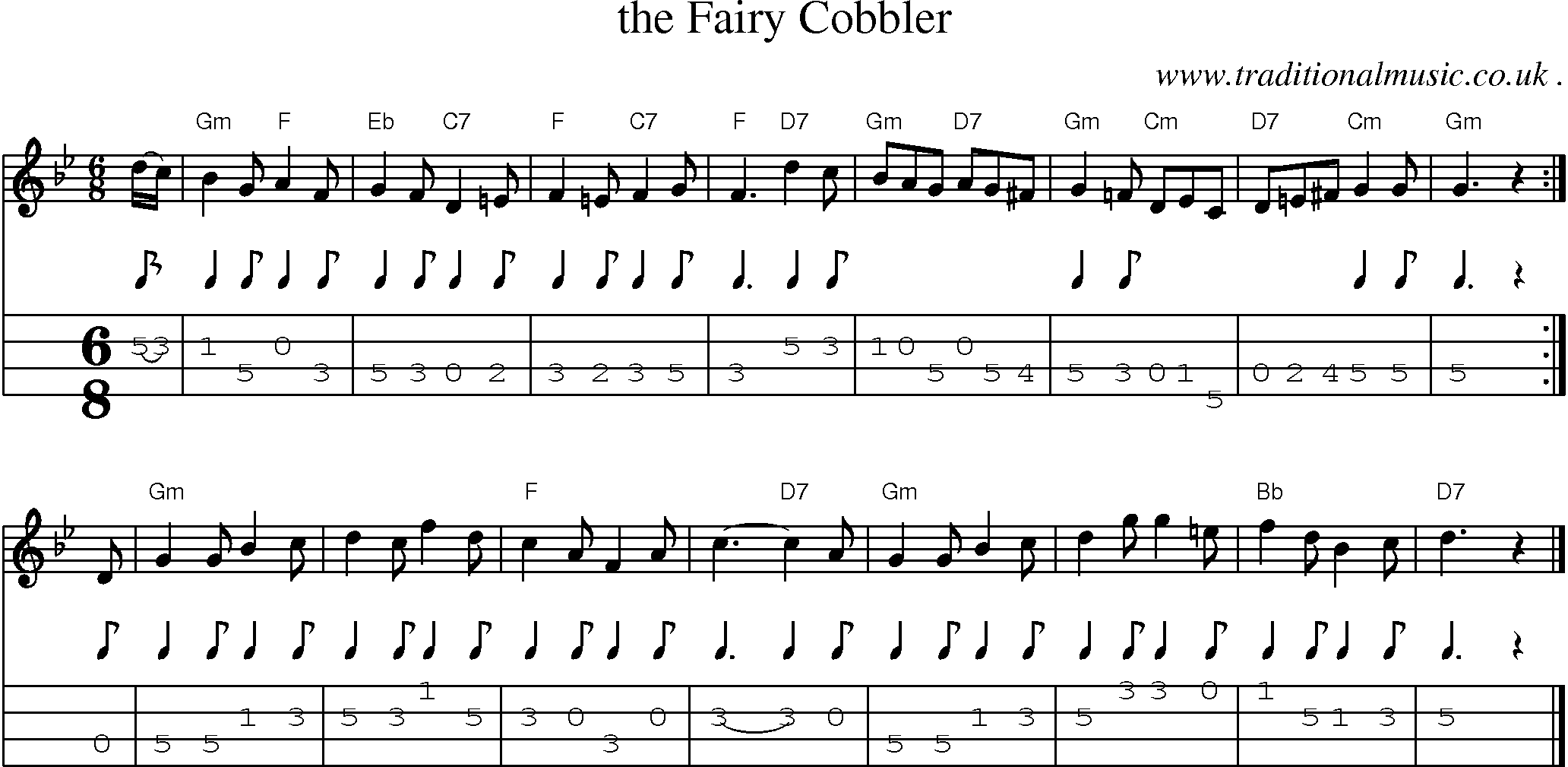 Sheet-music  score, Chords and Mandolin Tabs for The Fairy Cobbler