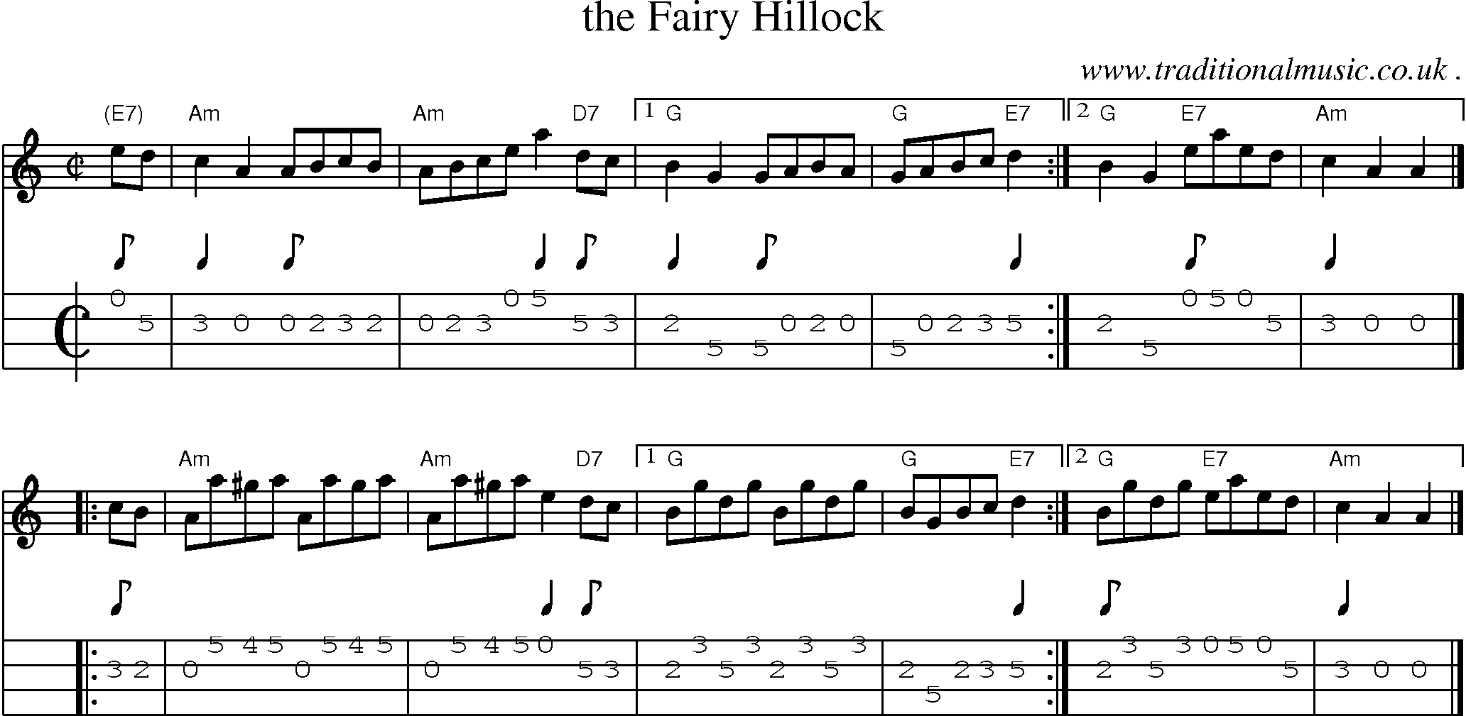 Sheet-music  score, Chords and Mandolin Tabs for The Fairy Hillock