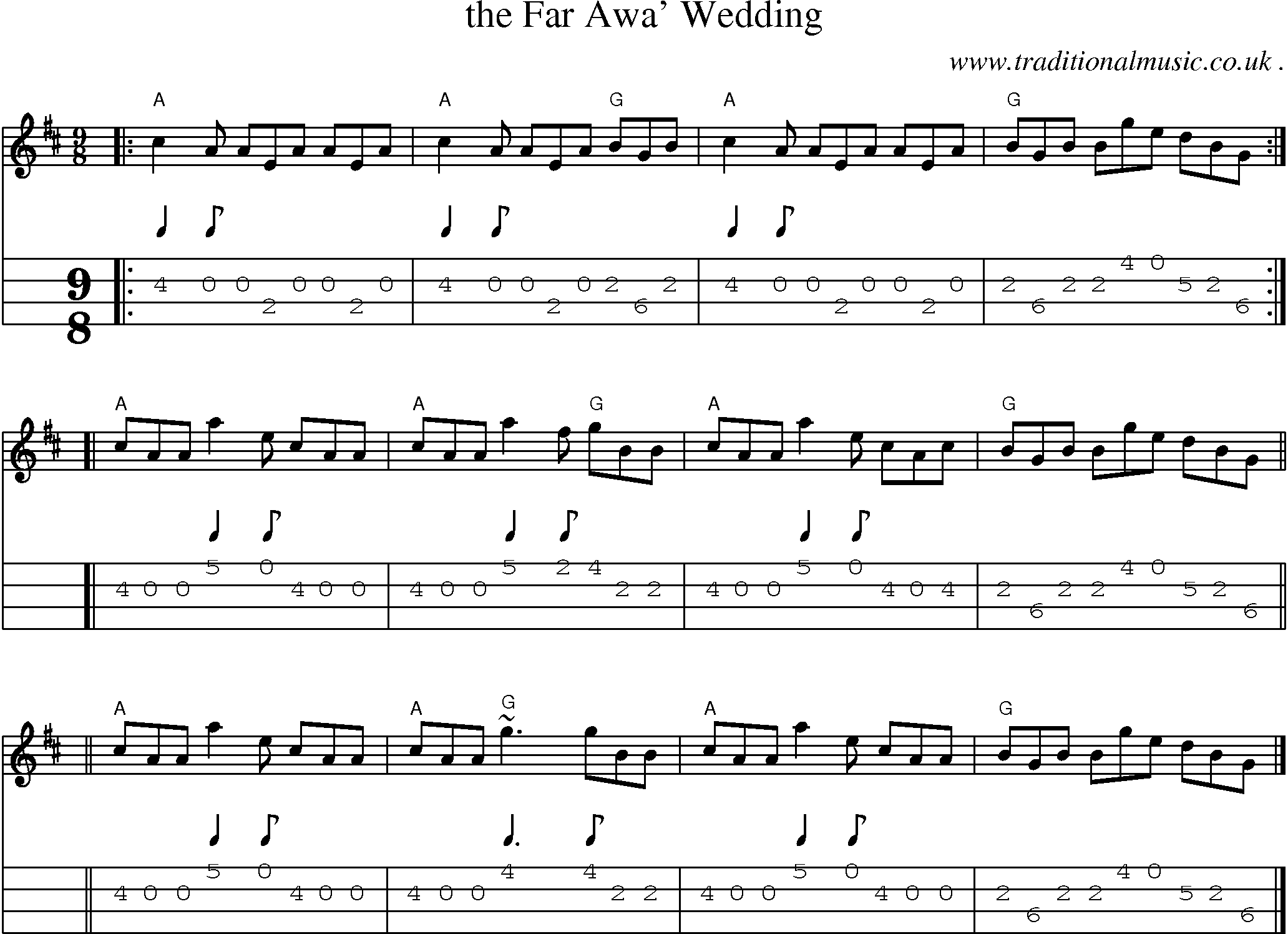 Sheet-music  score, Chords and Mandolin Tabs for The Far Awa Wedding