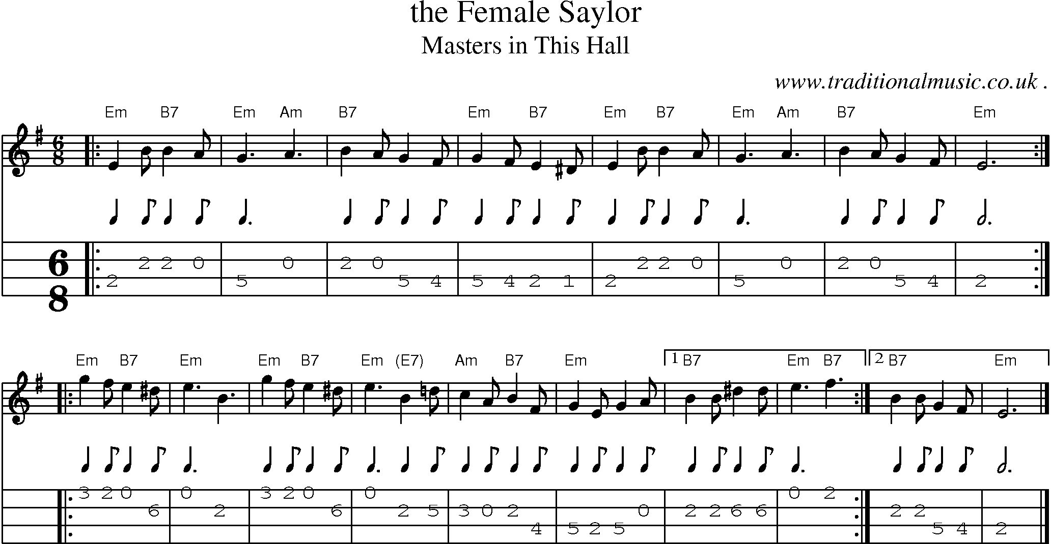 Sheet-music  score, Chords and Mandolin Tabs for The Female Saylor
