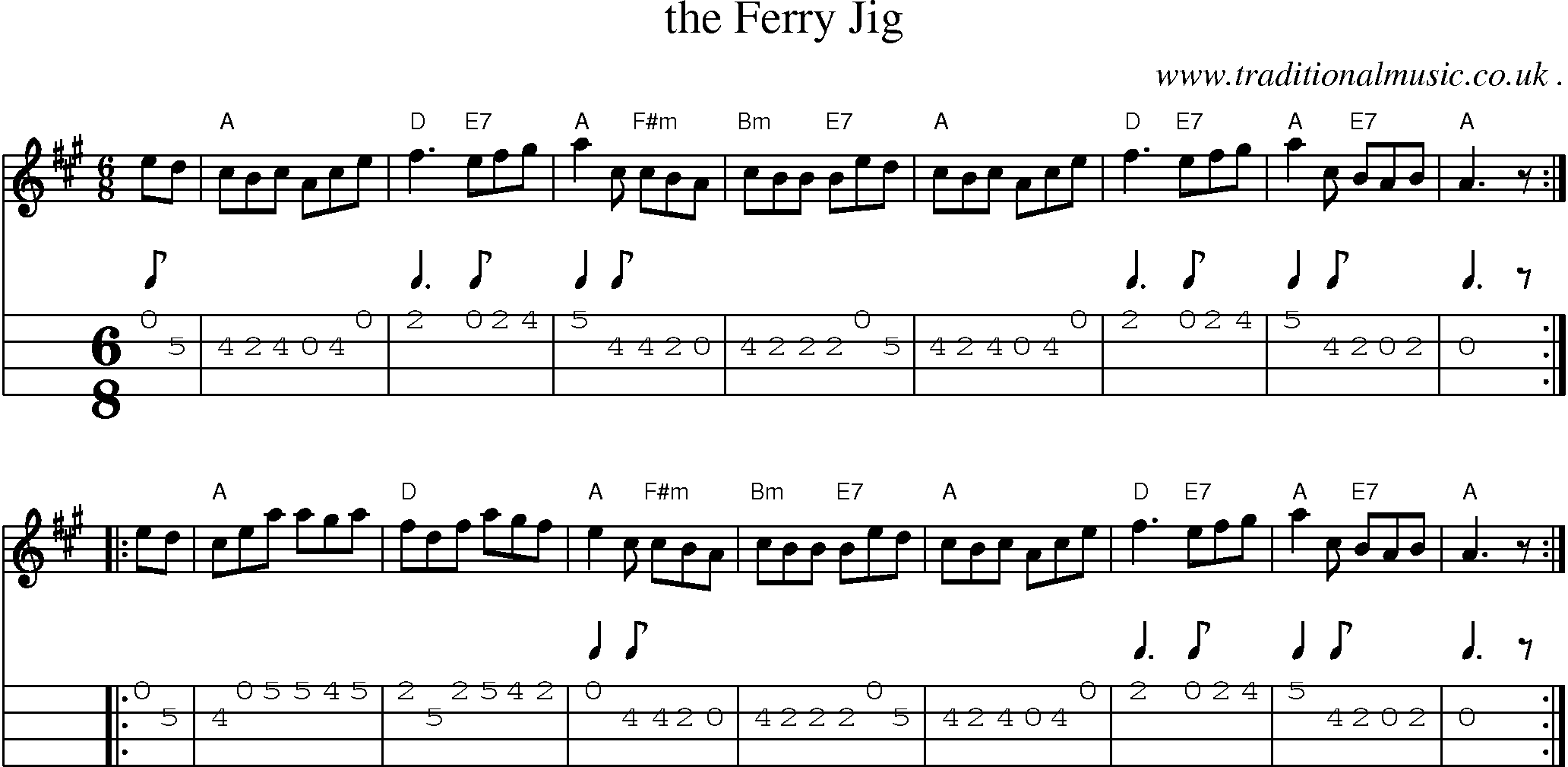 Sheet-music  score, Chords and Mandolin Tabs for The Ferry Jig